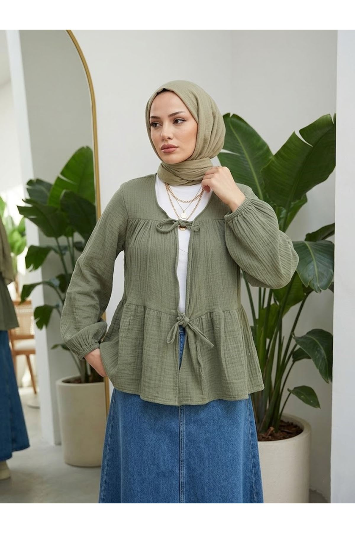 TUN05987-HKİ İki Bağlamalı Müslin Tunik-Haki
