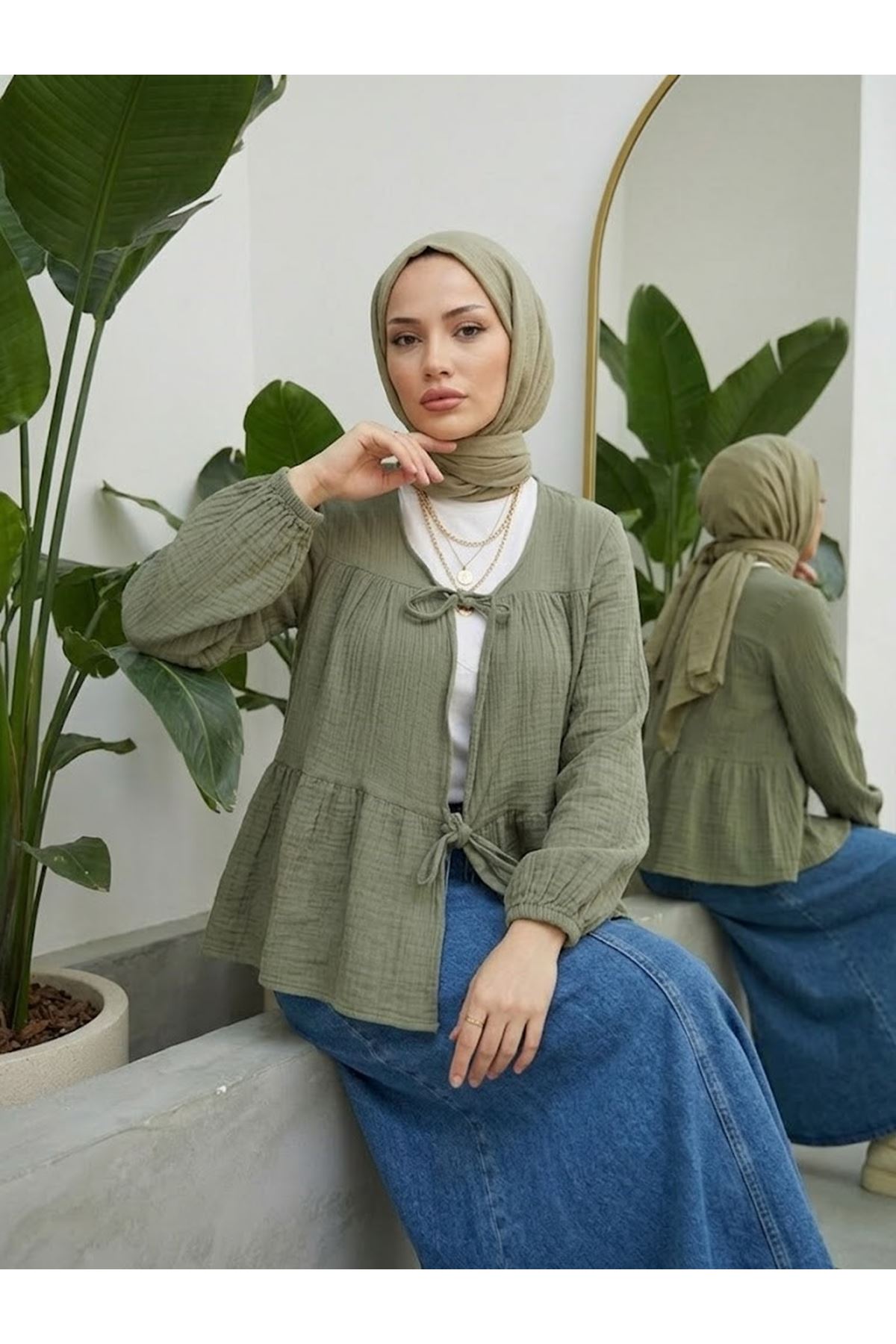TUN05987-HKİ İki Bağlamalı Müslin Tunik-Haki