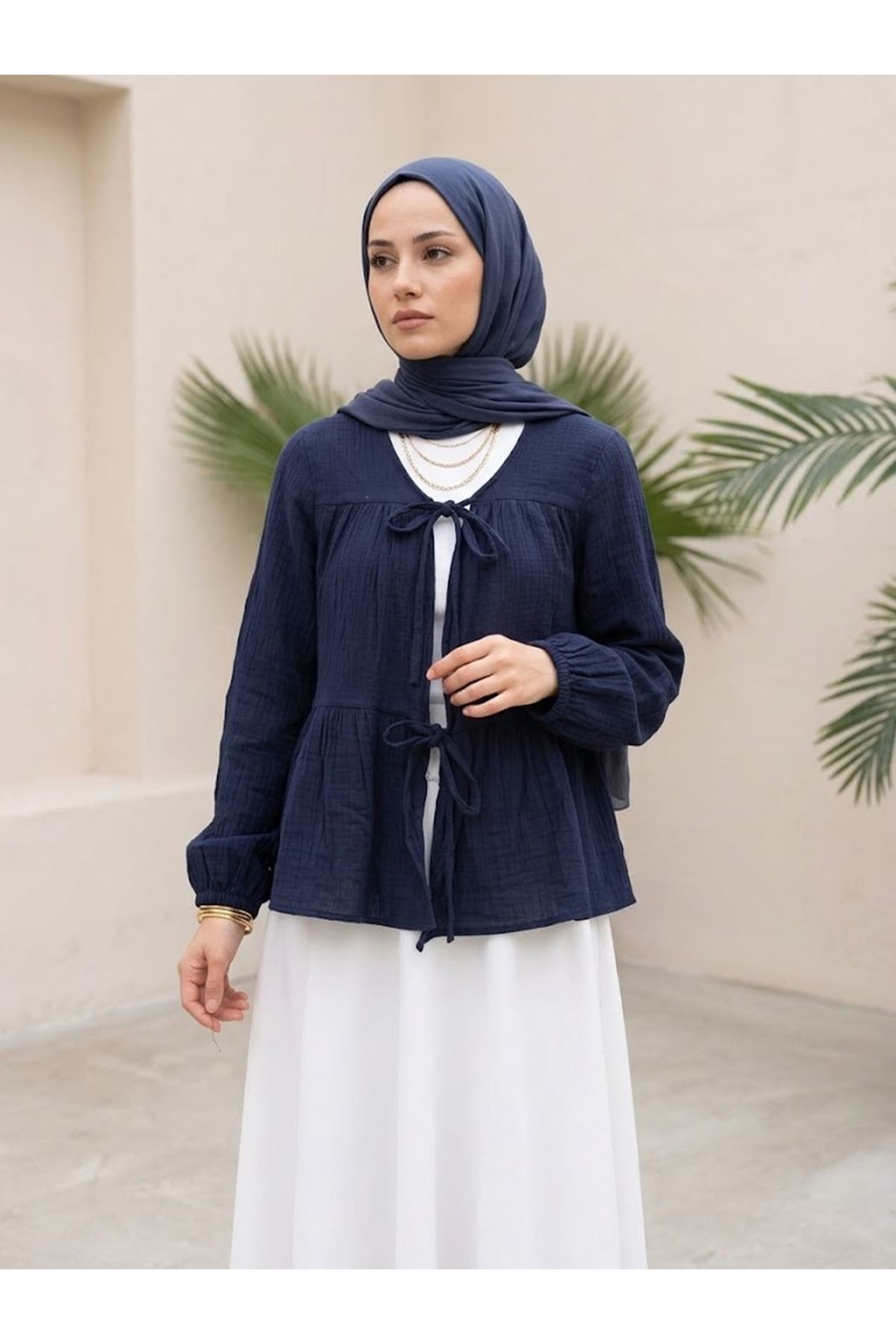 TUN05987-LCV İki Bağlamalı Müslin Tunik-Lacivert