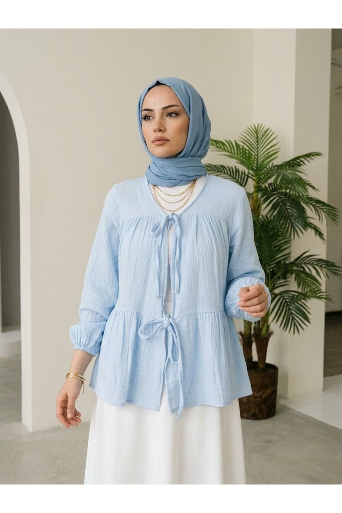 TUN05987-MAV İki Bağlamalı Müslin Tunik-Mavi