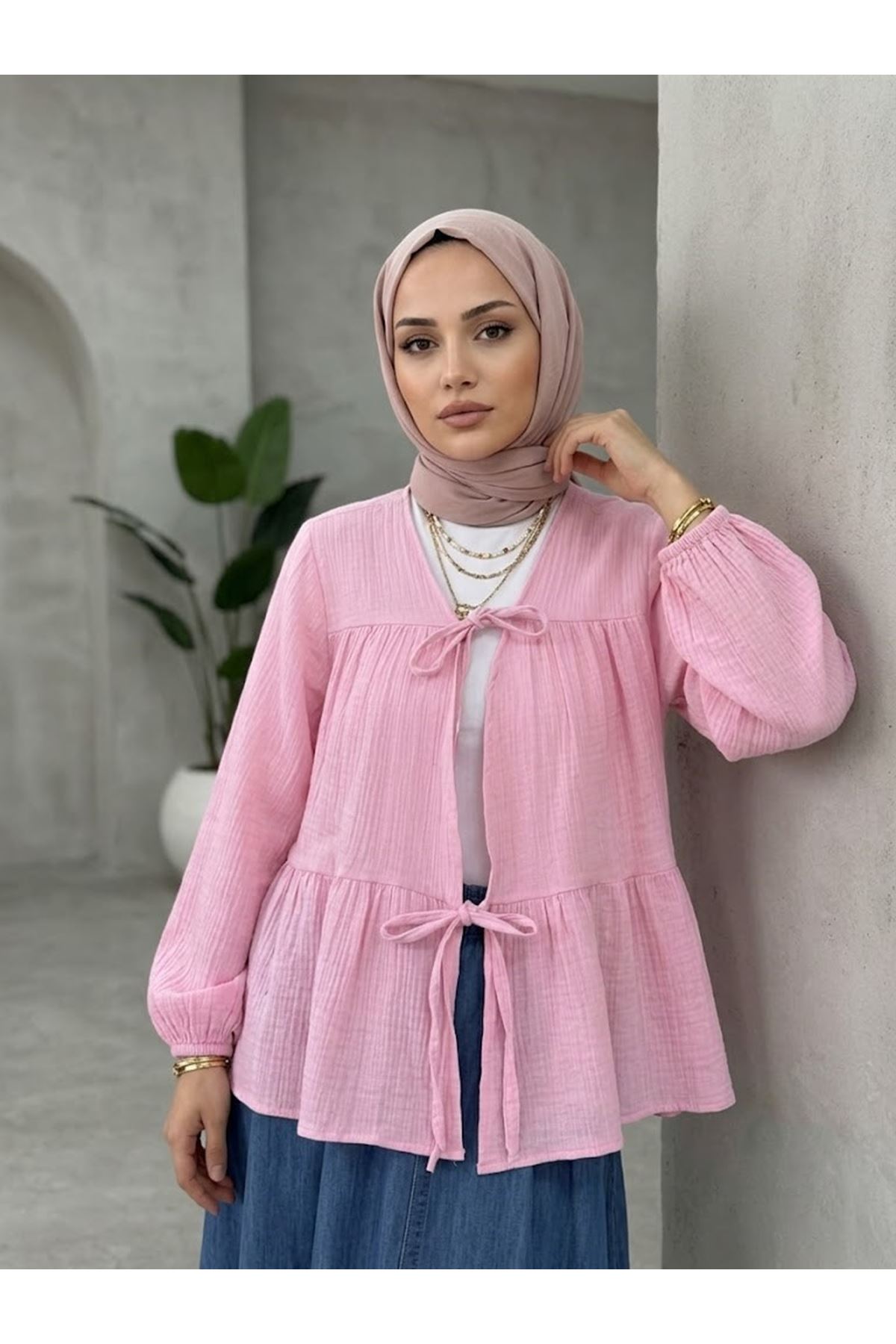TUN05987-PMB İki Bağlamalı Müslin Tunik-Pembe