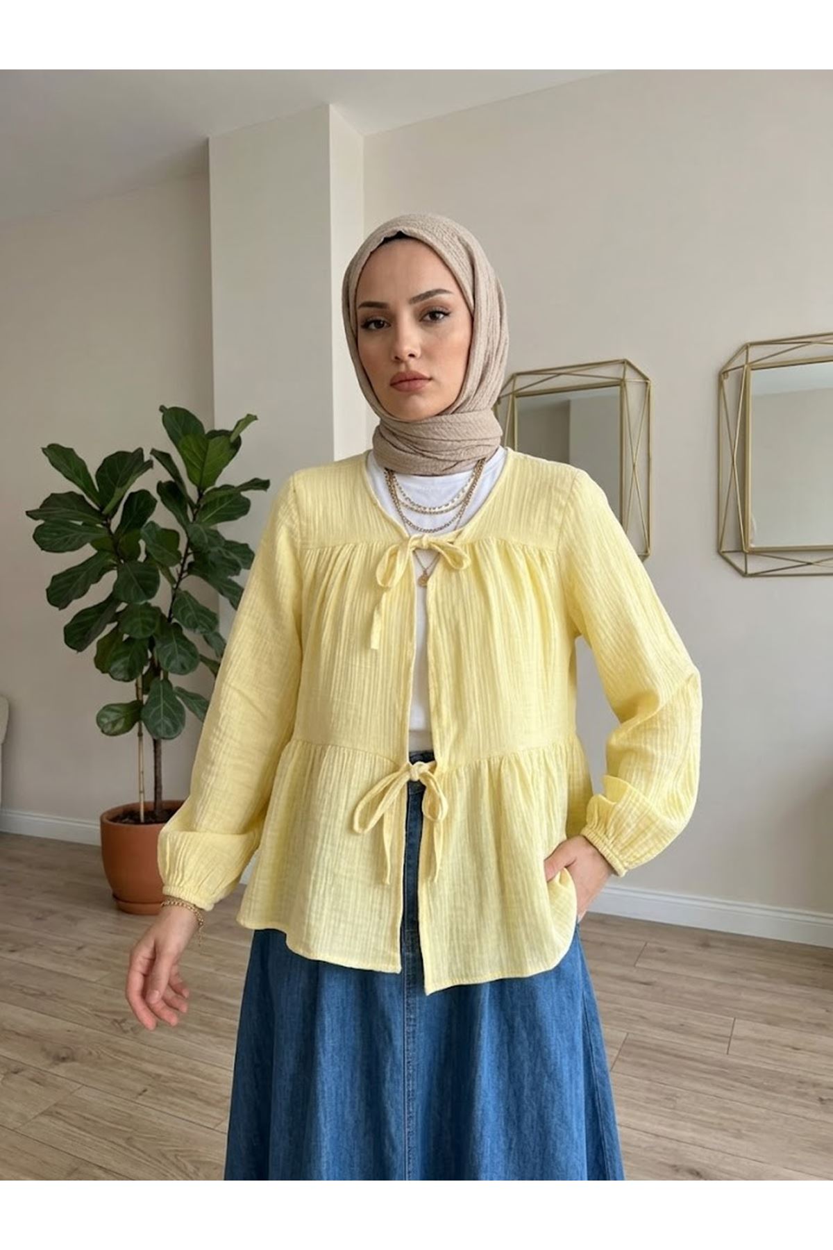 TUN05987-SRI İki Bağlamalı Müslin Tunik-Sarı