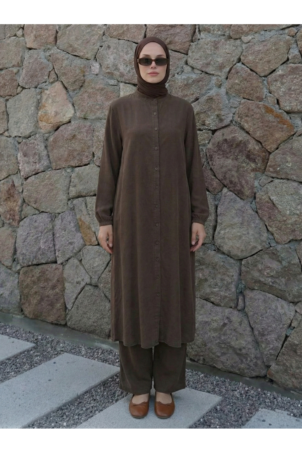 PİT00502-KHV Hakim Yaka Uzun Pantolonlu Takım-Kahve