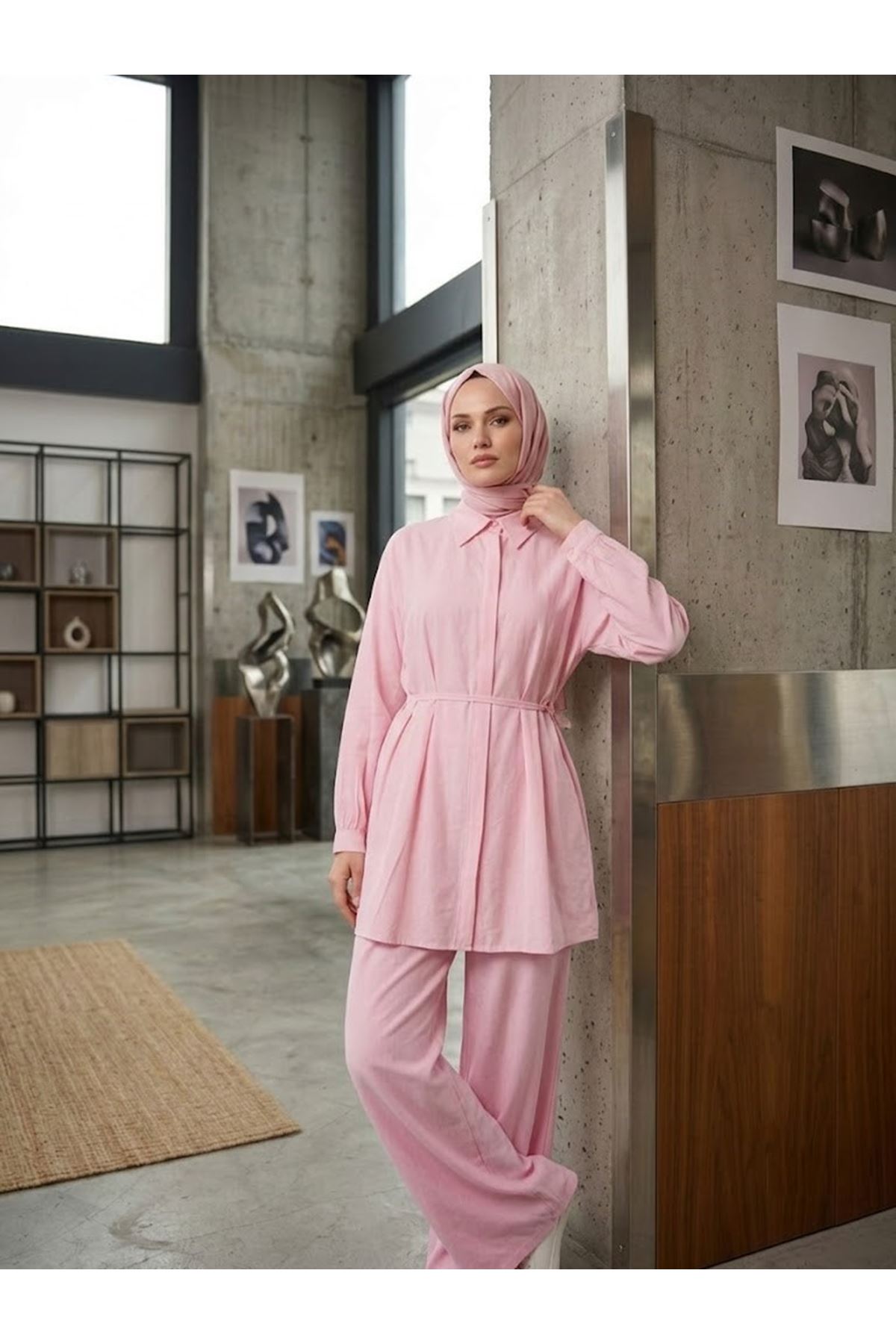 PİT00514-PMB Ön Arka Pileli Pantolonlu Takım-Pembe