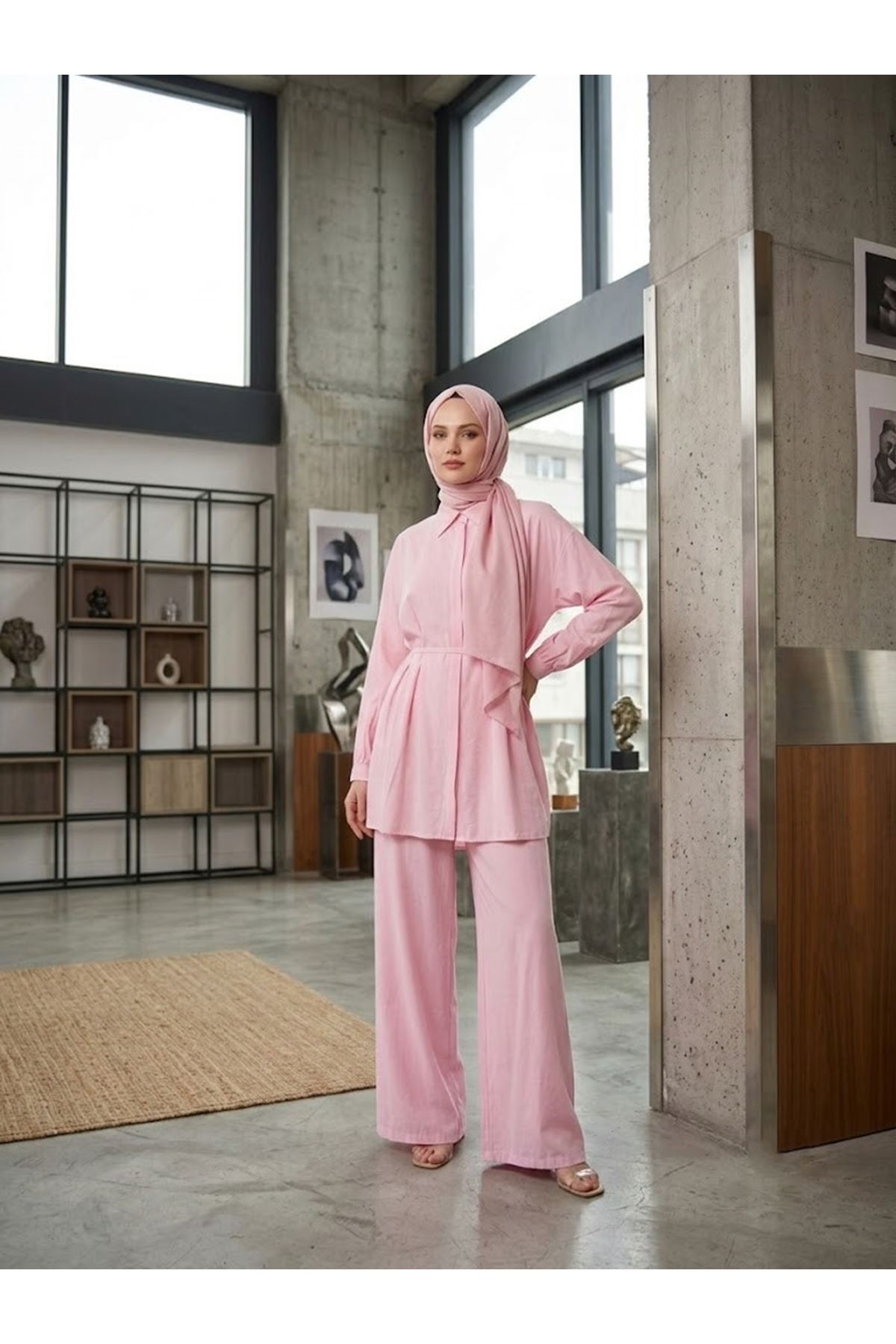 PİT00514-PMB Ön Arka Pileli Pantolonlu Takım-Pembe