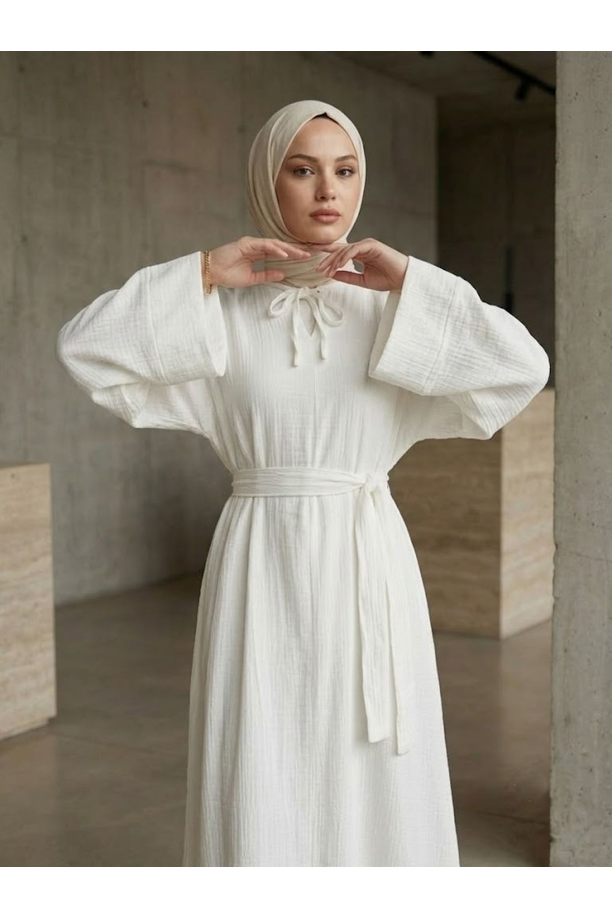 ELB04155-EKR Yarasa Elbise-Ekru