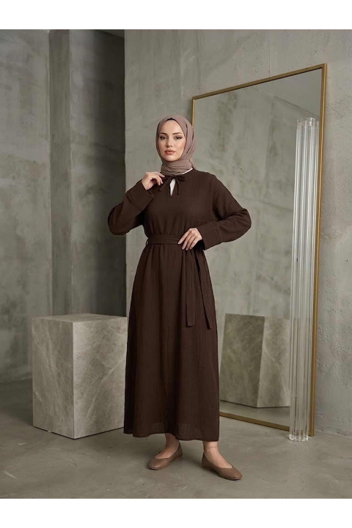 ELB04155-KHV Yarasa Elbise-Kahve