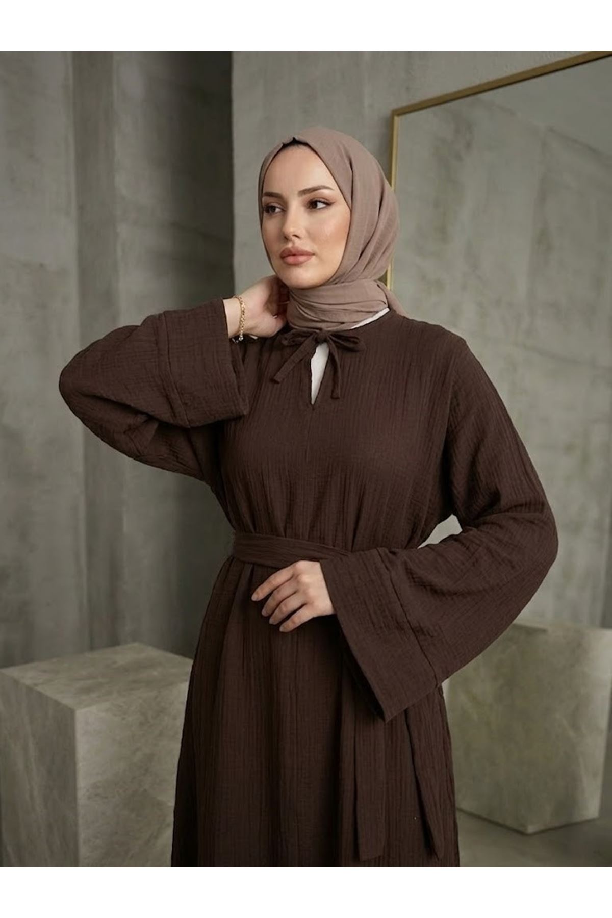 ELB04155-KHV Yarasa Elbise-Kahve