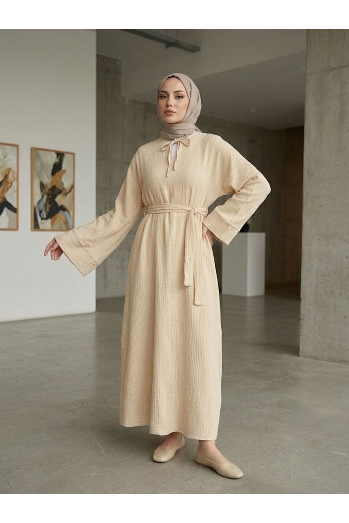 ELB04155-BEJ Yarasa Elbise-Bej