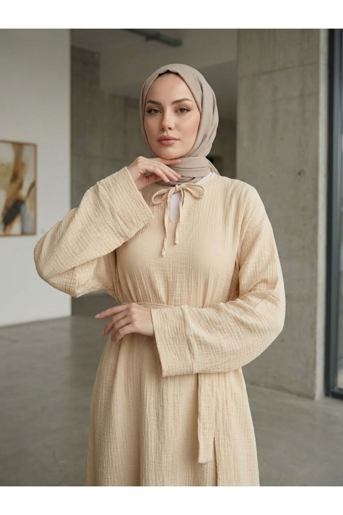 ELB04155-BEJ Yarasa Elbise-Bej