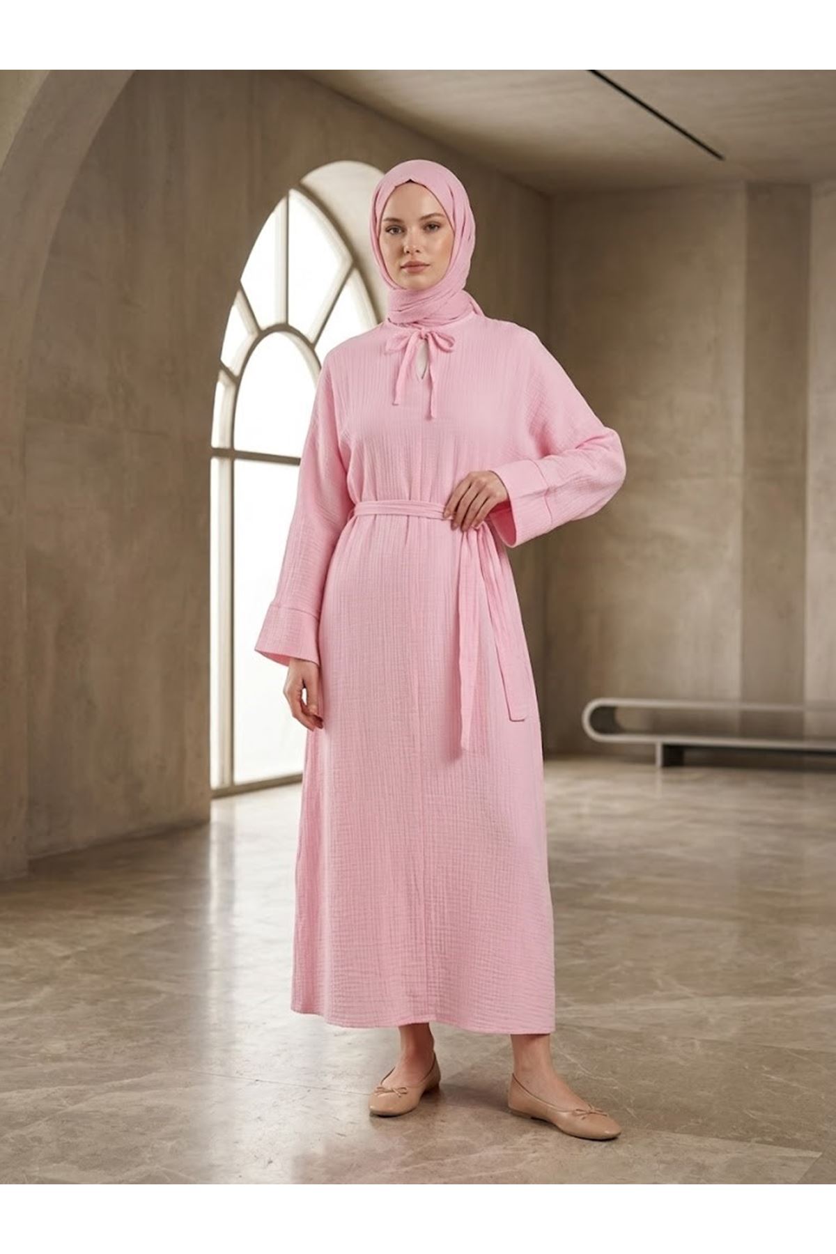 ELB04155-PMB Yarasa Elbise-Pembe