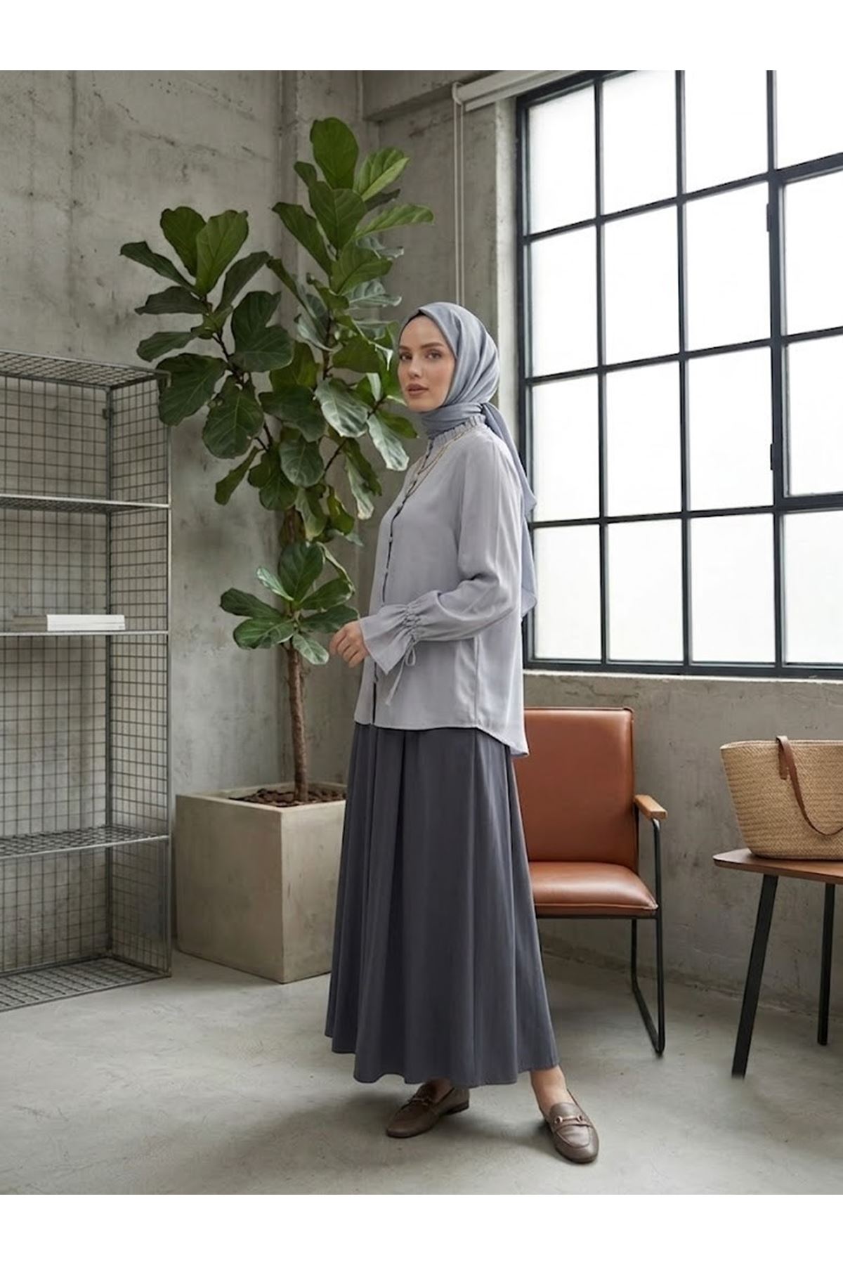 TUN05975-GRN Kol Tünel Yaka Fırfır Tunik-Gri
