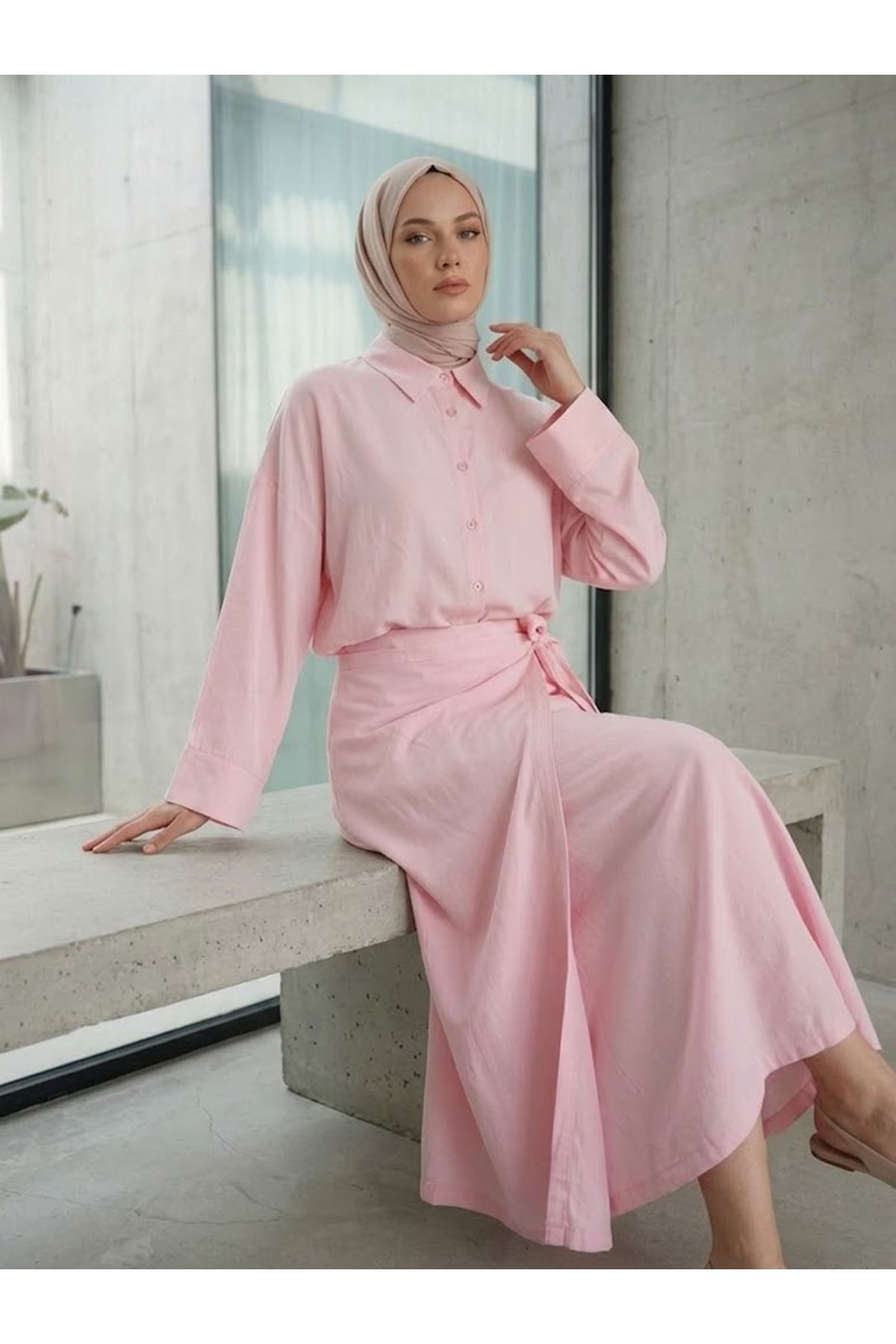 EİT00125-PMB Takma Manşet Etekli Takım-Pembe