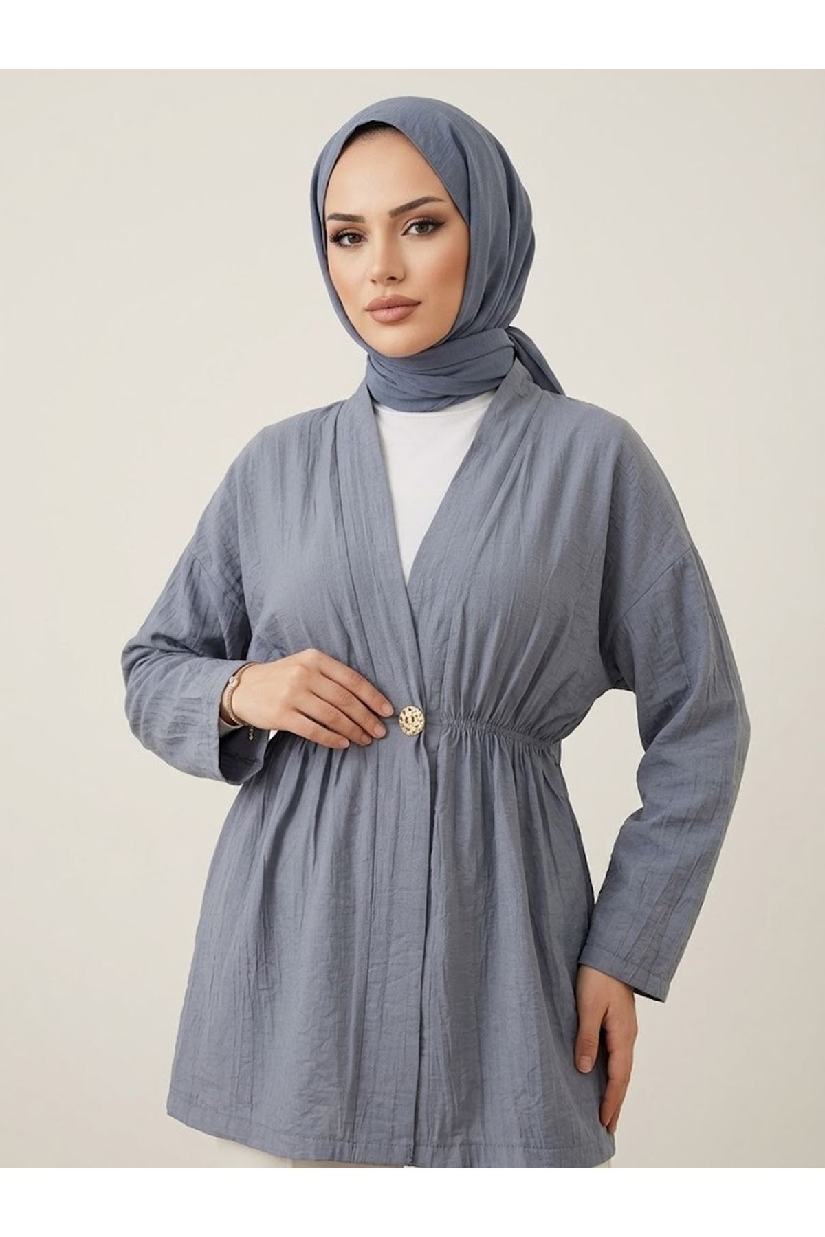 HIR02446-GRN Düğme Detay Çilek Hırka-Gri