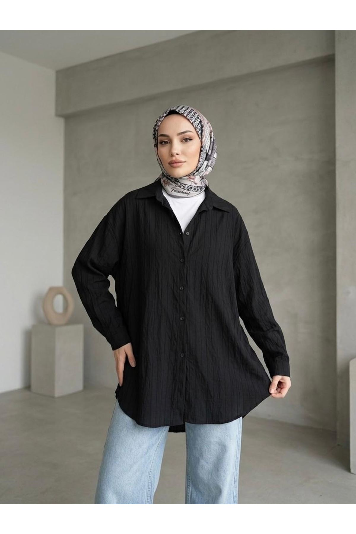 TUN05952-SYH Kendinden Çizgili Tunik-Siyah