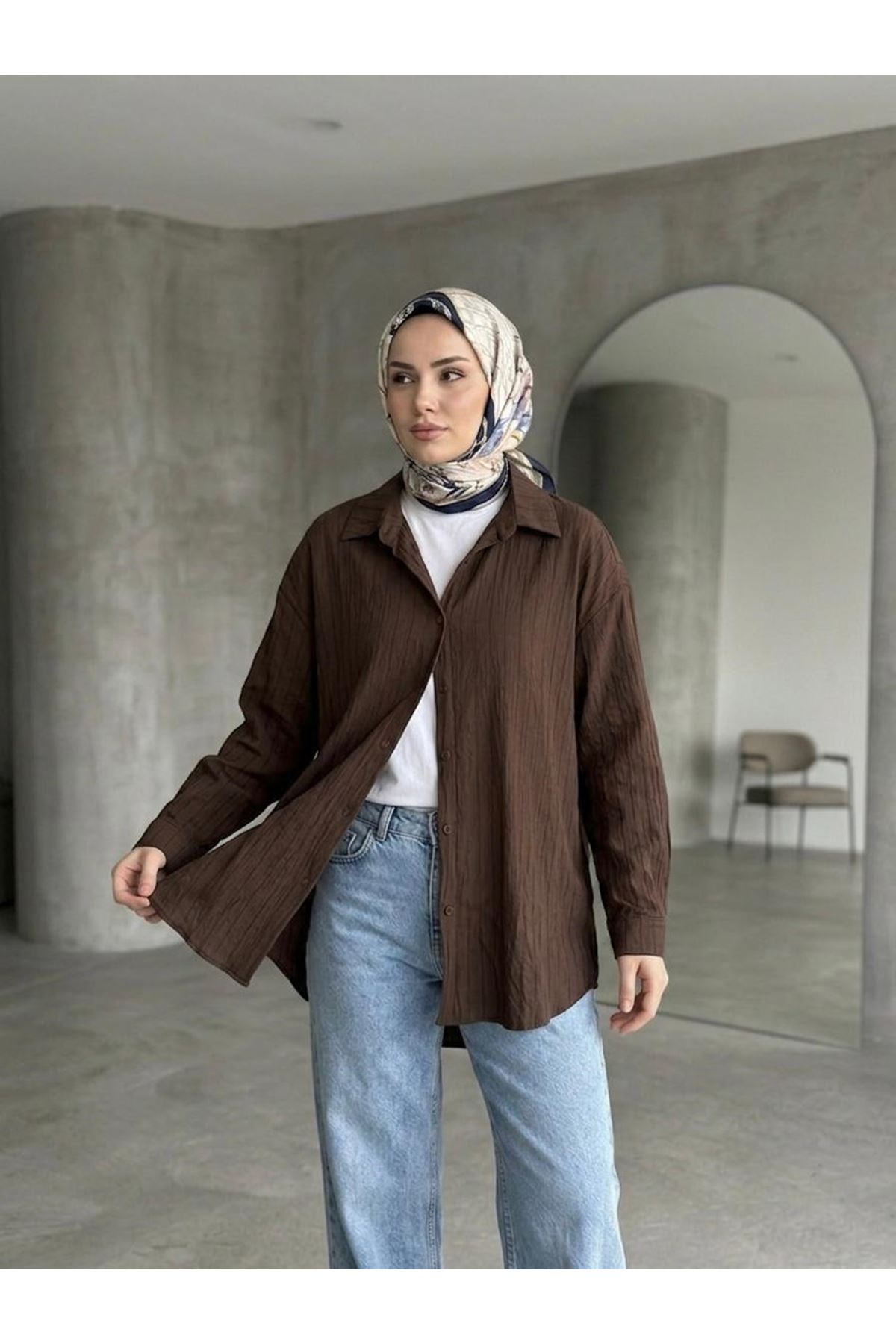 TUN05952-KHV Kendinden Çizgili Tunik-Kahve
