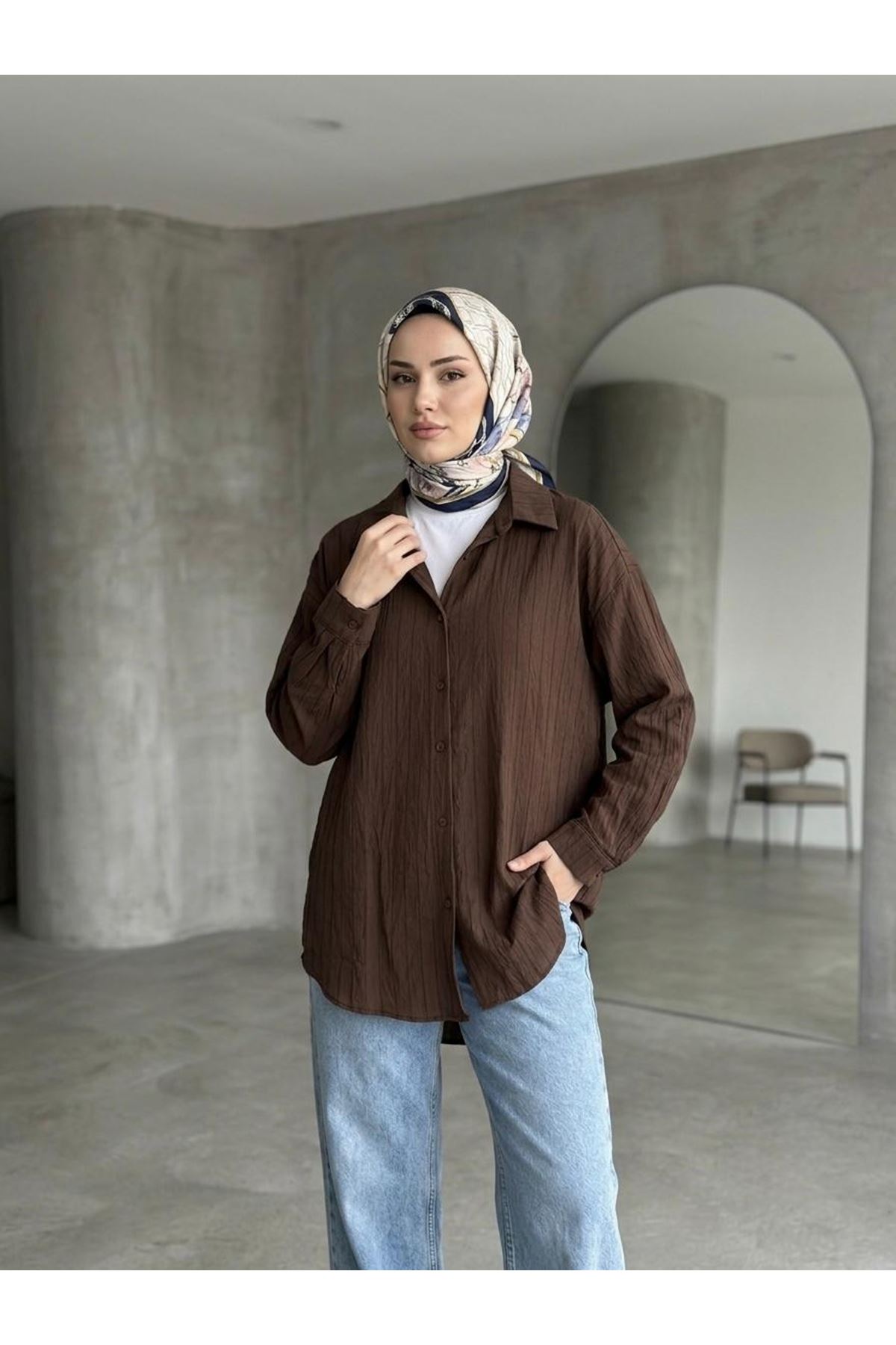 TUN05952-KHV Kendinden Çizgili Tunik-Kahve