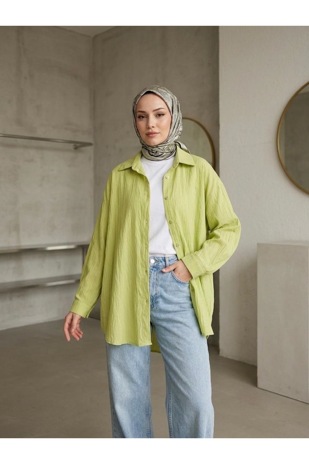 TUN05952-69 Kendinden Çizgili Tunik-YAĞ YEŞİLİ