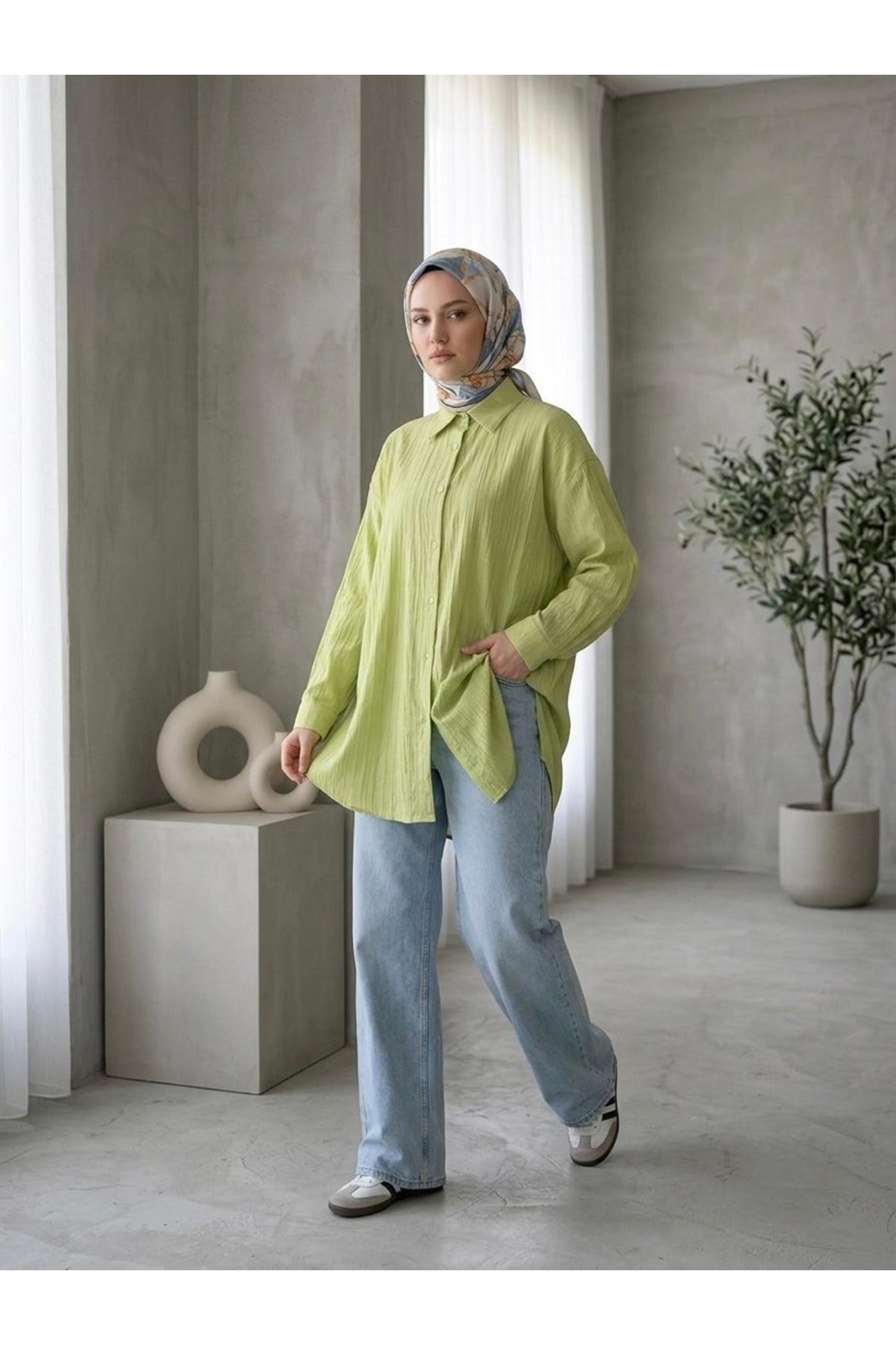 TUN05952-69 Kendinden Çizgili Tunik-YAĞ YEŞİLİ
