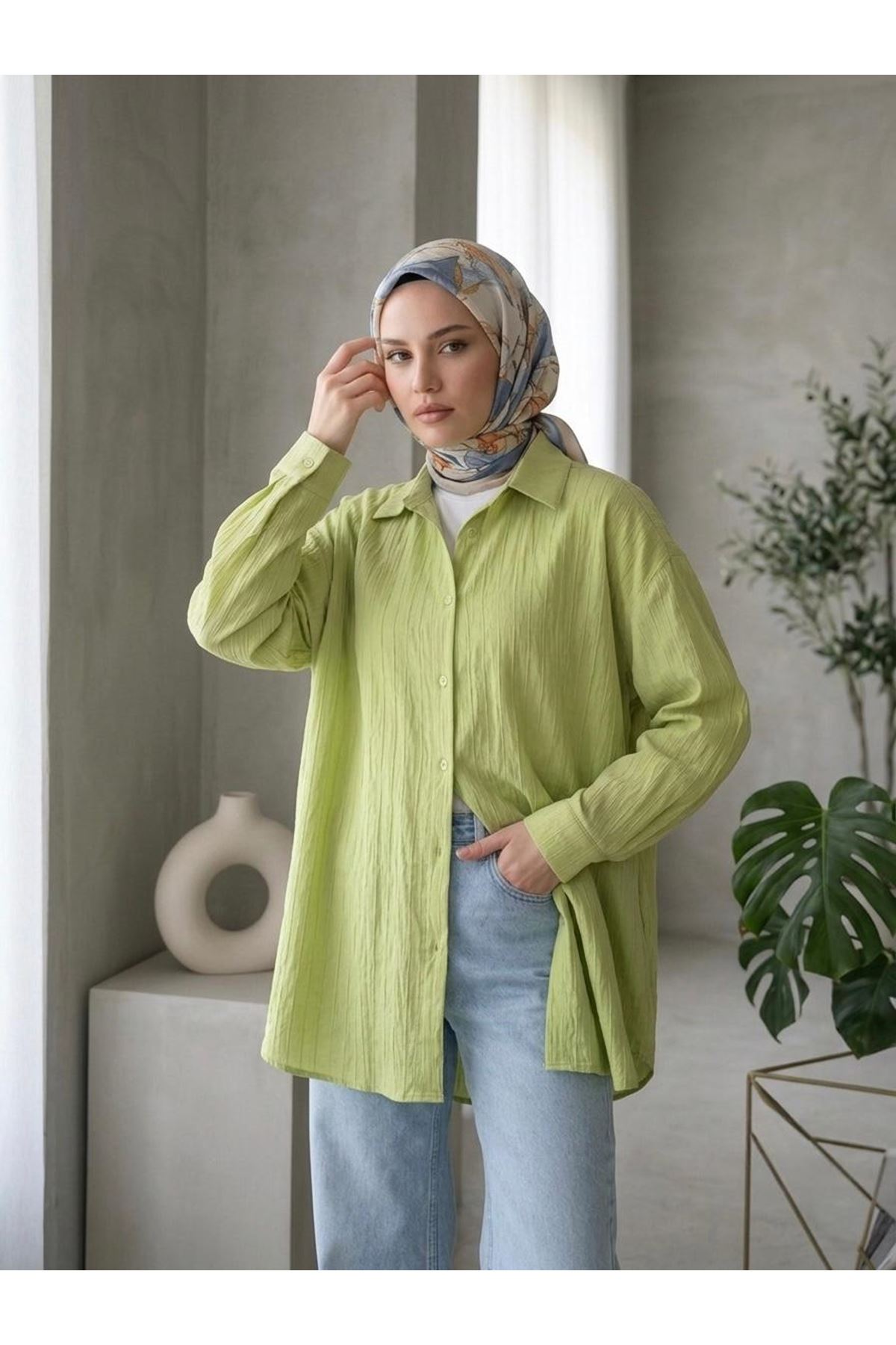 TUN05952-69 Kendinden Çizgili Tunik-YAĞ YEŞİLİ