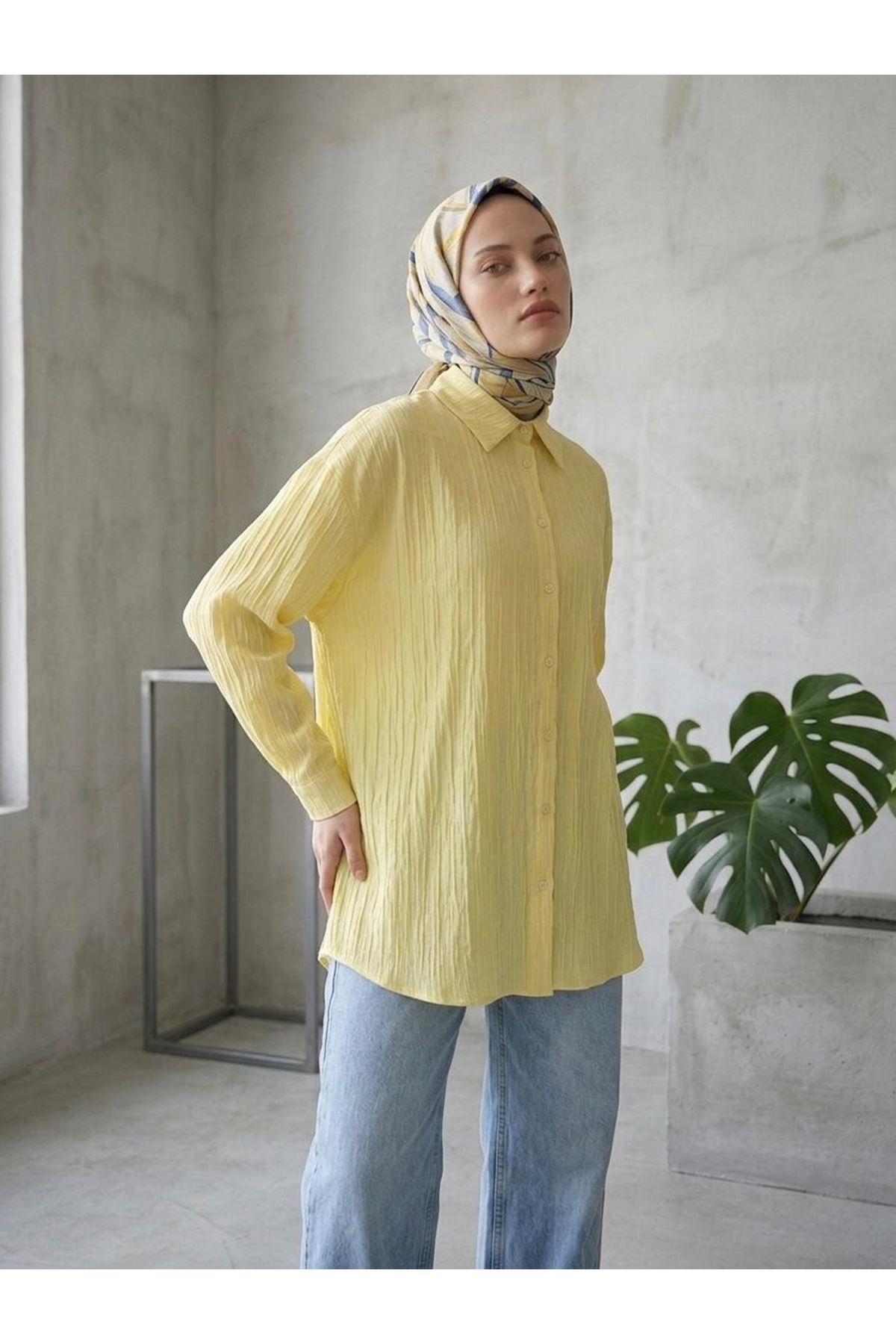 TUN05952-SRI Kendinden Çizgili Tunik-Sarı