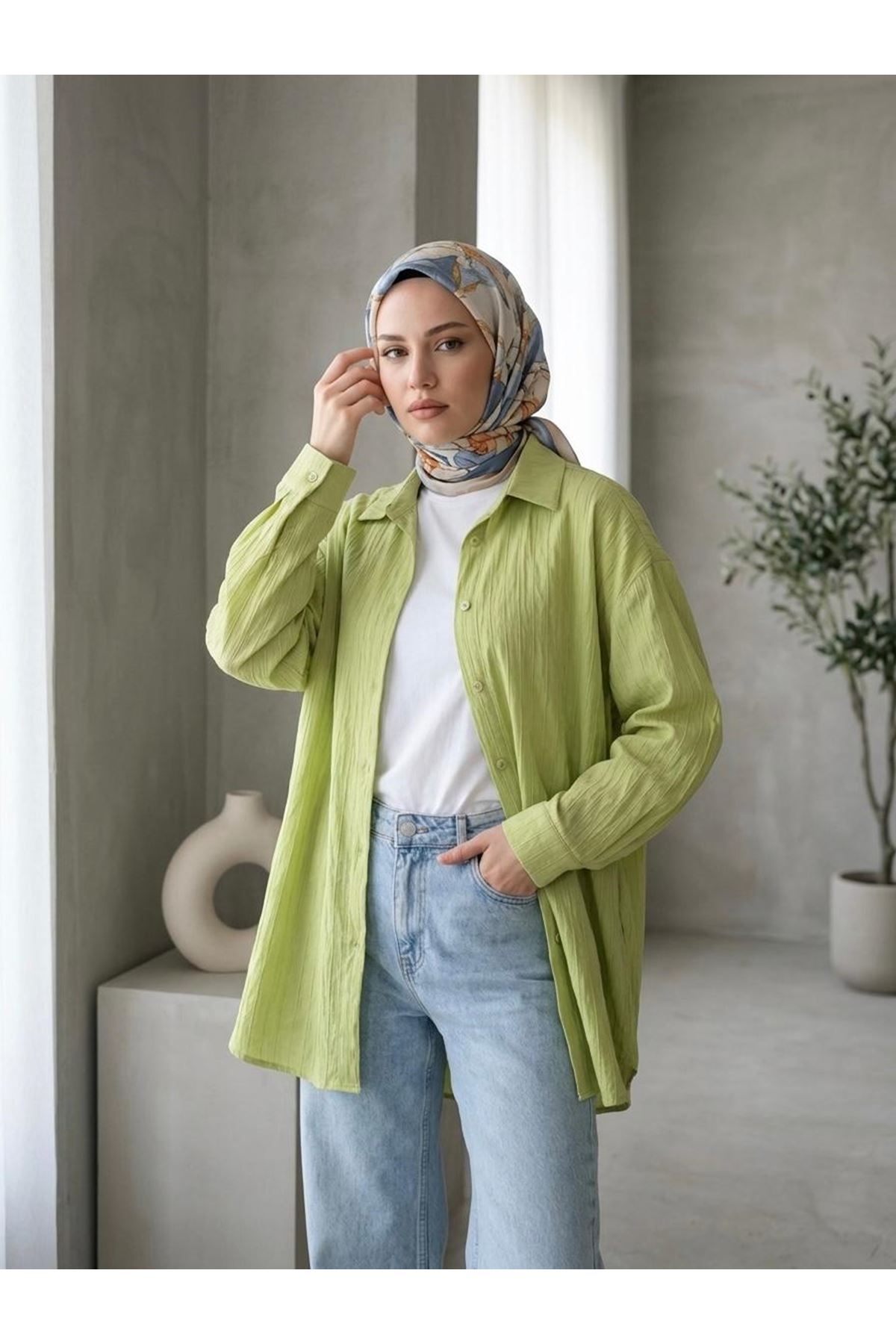 TUN05952-69 Kendinden Çizgili Tunik-YAĞ YEŞİLİ