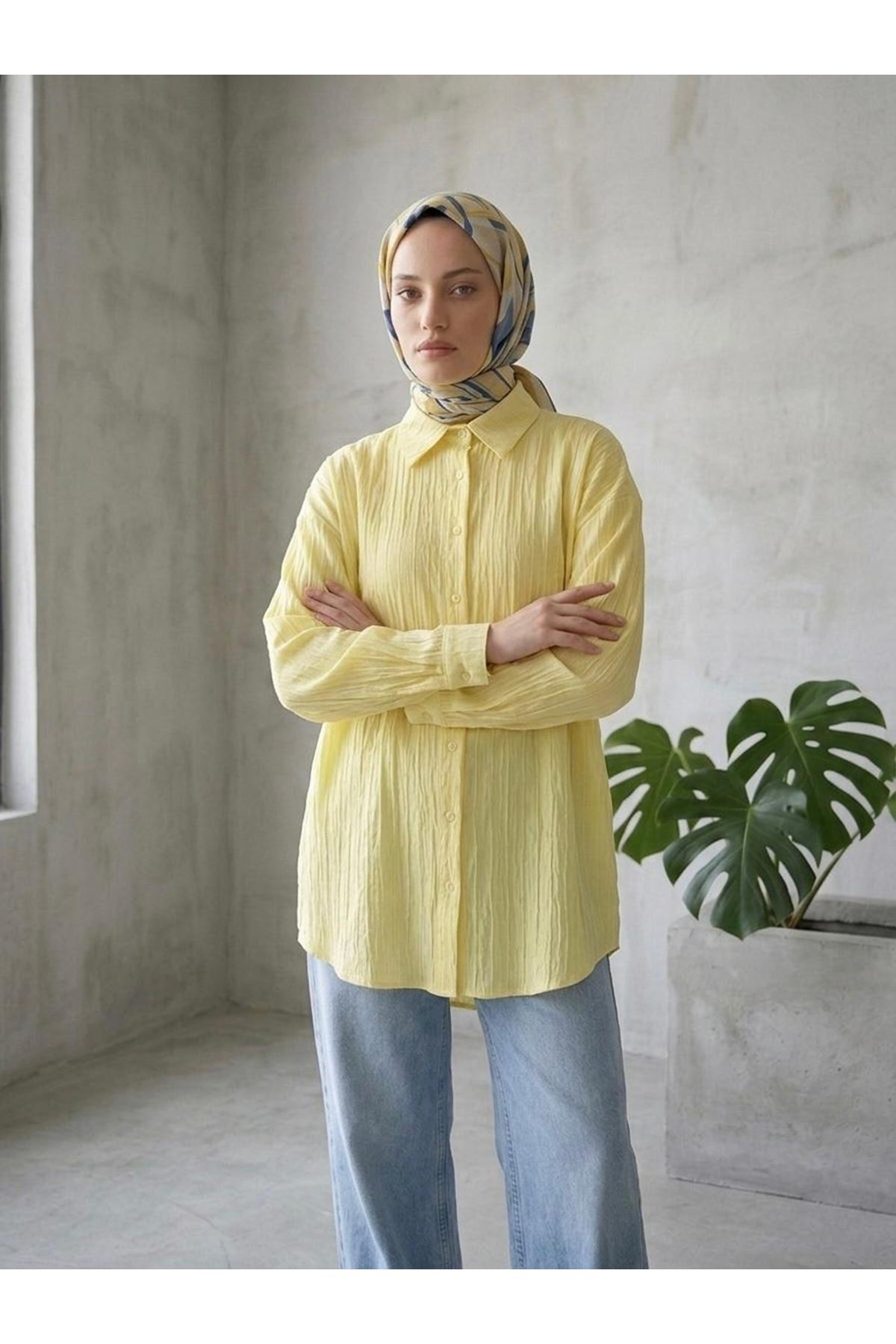 TUN05952-SRI Kendinden Çizgili Tunik-Sarı