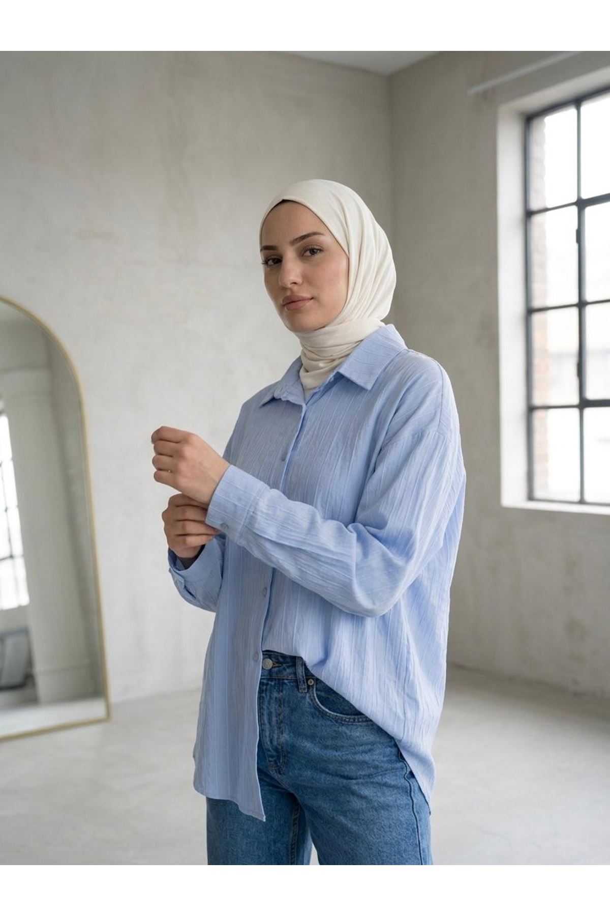 TUN05952-MAV Kendinden Çizgili Tunik-Mavi