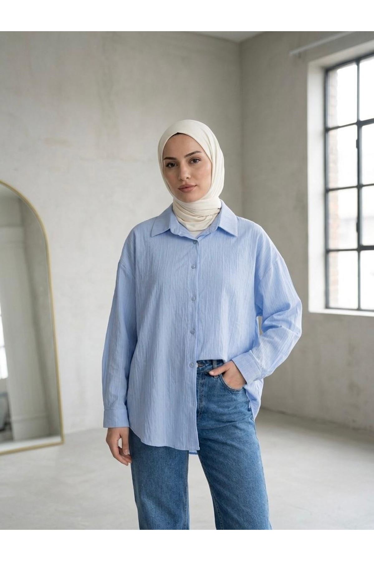 TUN05952-MAV Kendinden Çizgili Tunik-Mavi