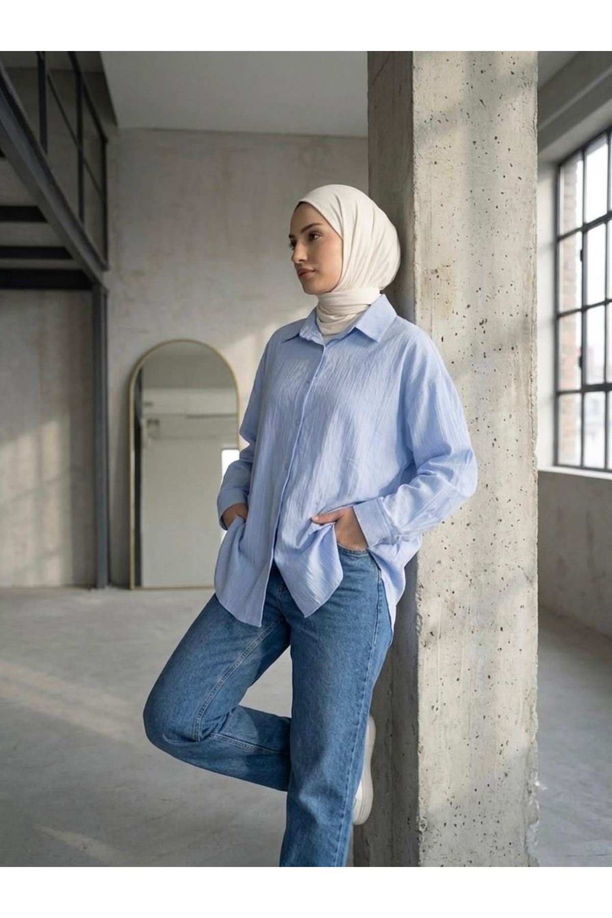 TUN05952-MAV Kendinden Çizgili Tunik-Mavi