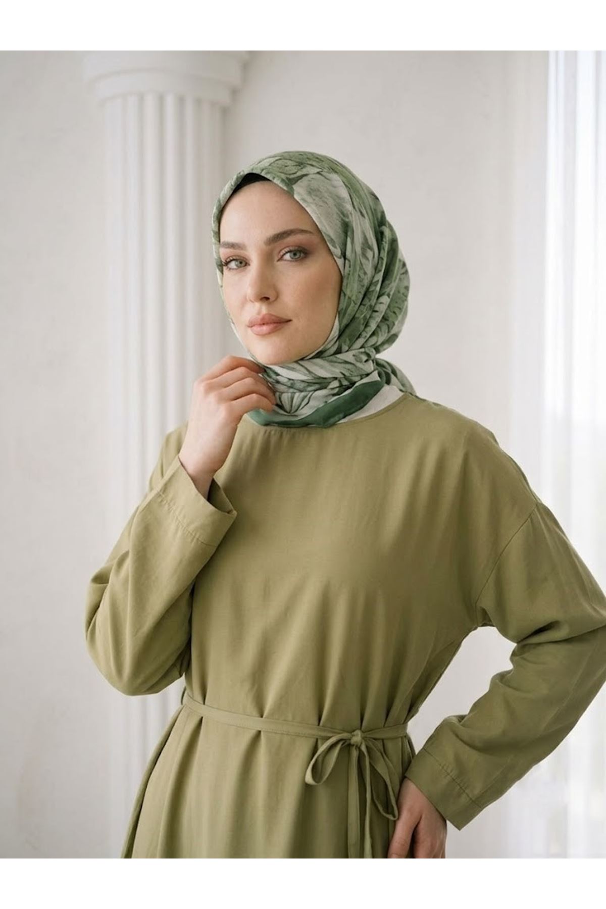ELB04156-HKİ Kupra Elbise-Haki