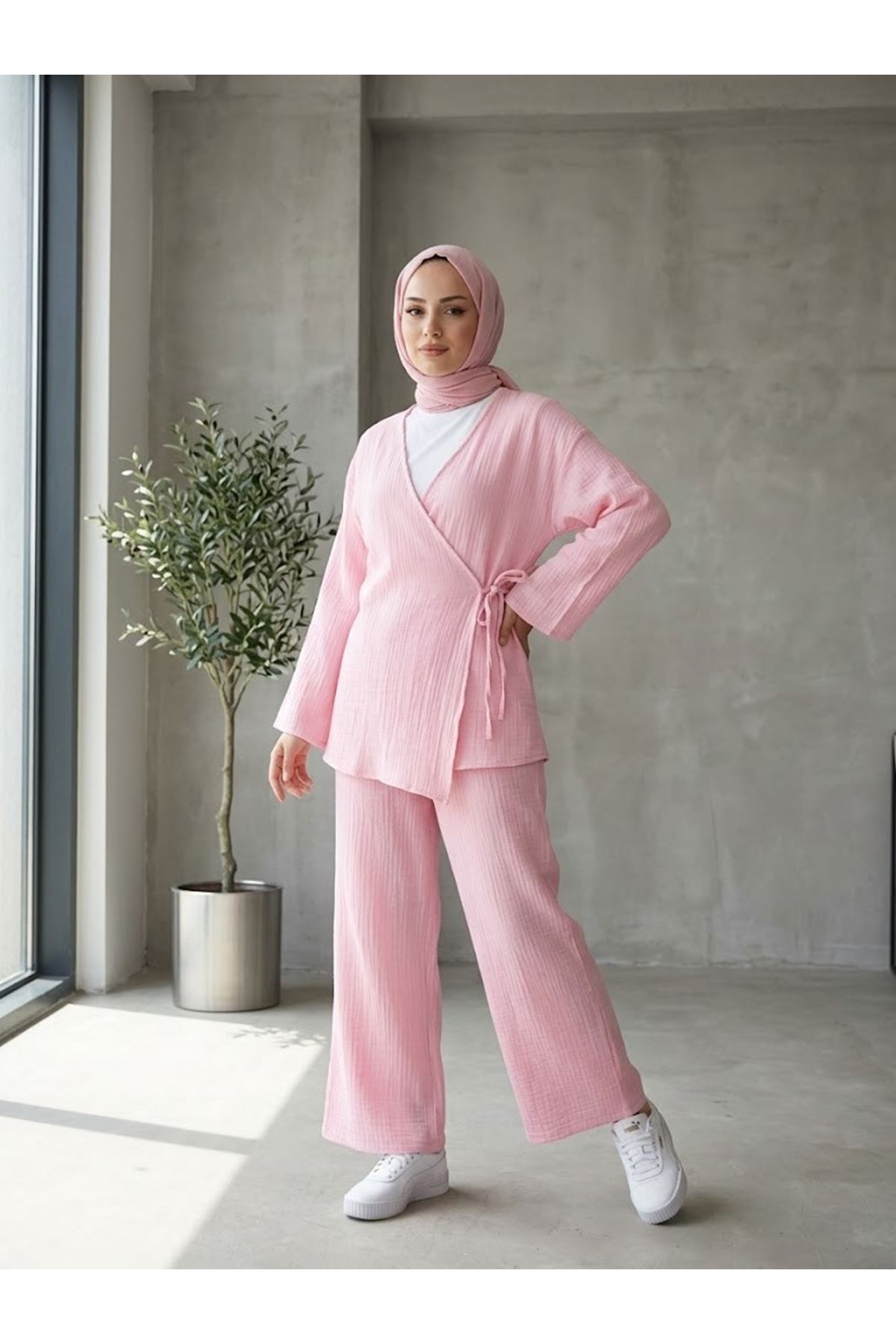 PİT00521-PMB Yan Bağlamalı Müslin Takım-Pembe