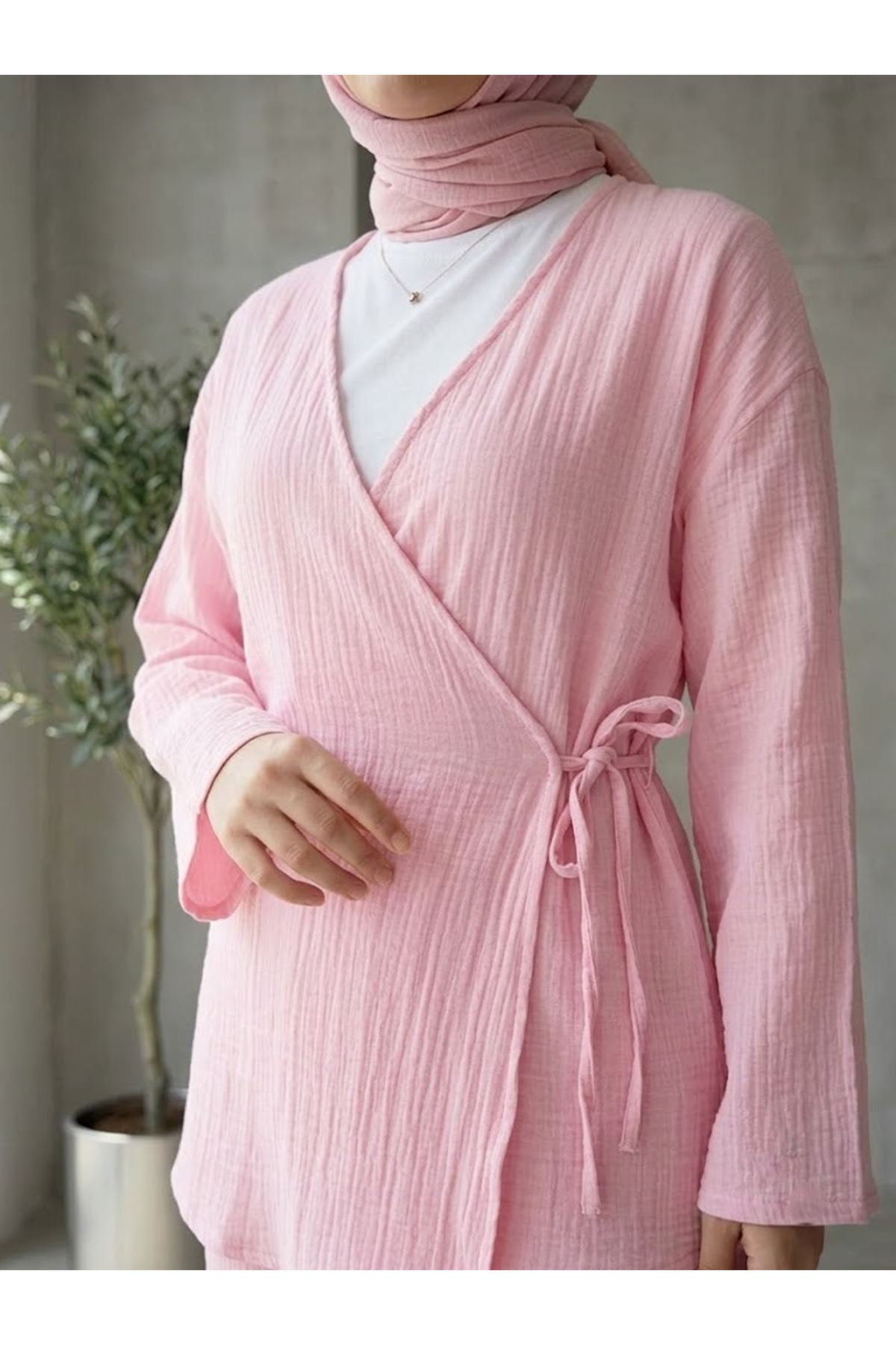PİT00521-PMB Yan Bağlamalı Müslin Takım-Pembe