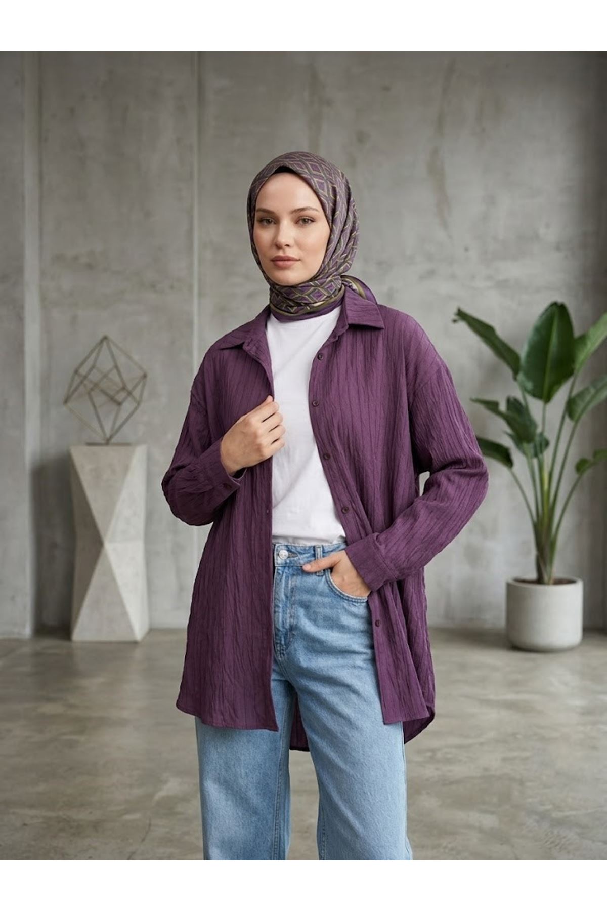 TUN05952-BRD Kendinden Çizgili Tunik-Bordo