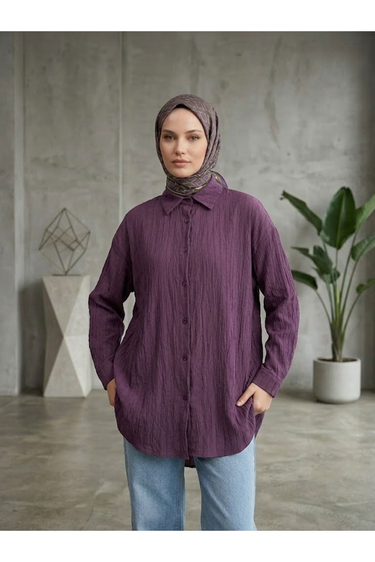 TUN05952-BRD Kendinden Çizgili Tunik-Bordo