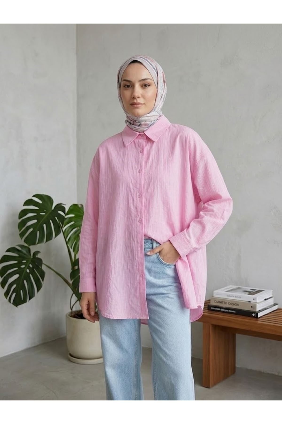 TUN05952-PMB Kendinden Çizgili Tunik-Pembe