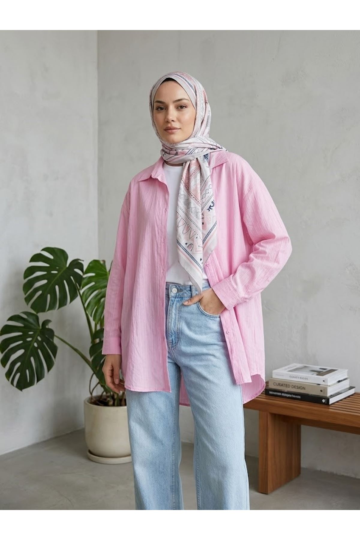TUN05952-PMB Kendinden Çizgili Tunik-Pembe