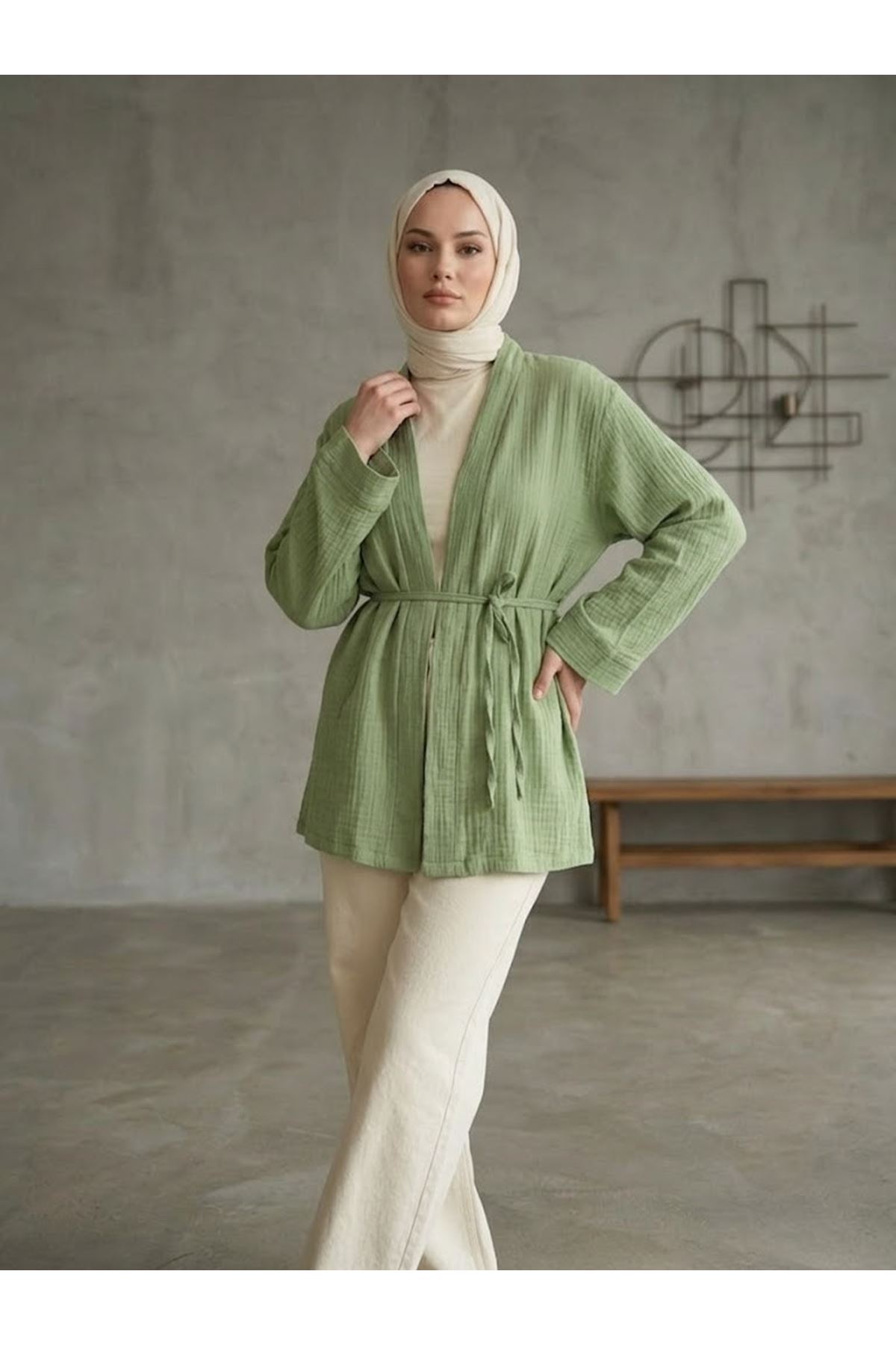 HIR02445-MNT Yaka Bantlı Müslin Hırka-Mint