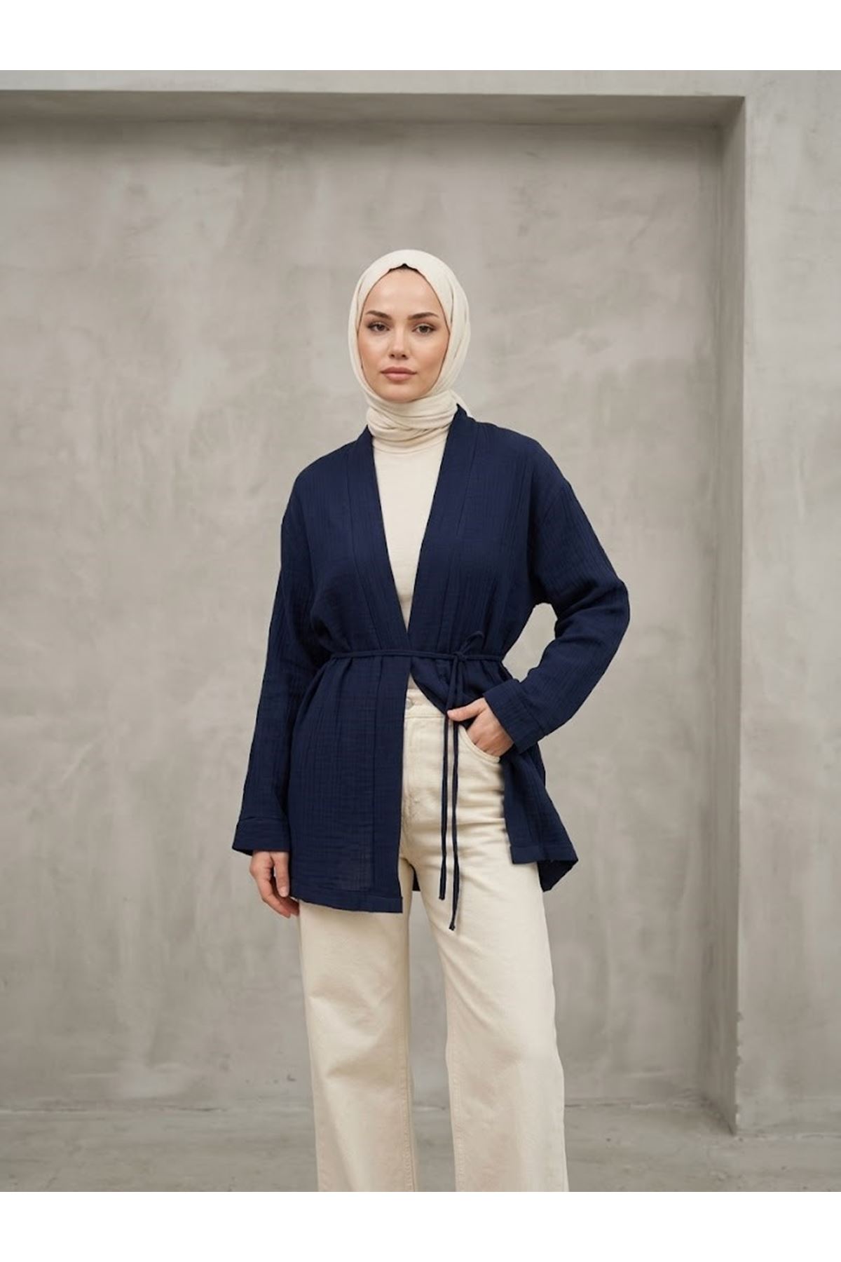 HIR02445-LCV Yaka Bantlı Müslin Hırka-Lacivert