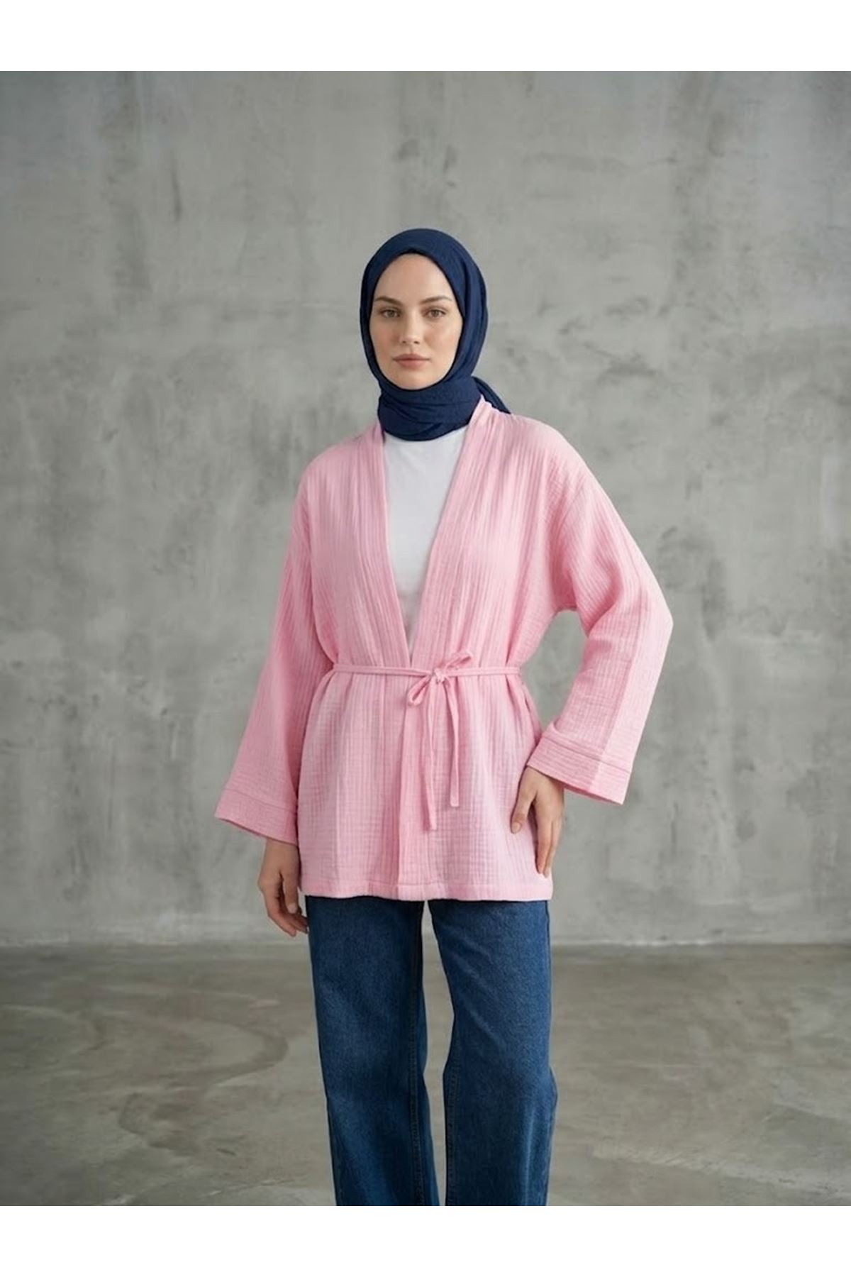 HIR02445-PMB Yaka Bantlı Müslin Hırka-Pembe