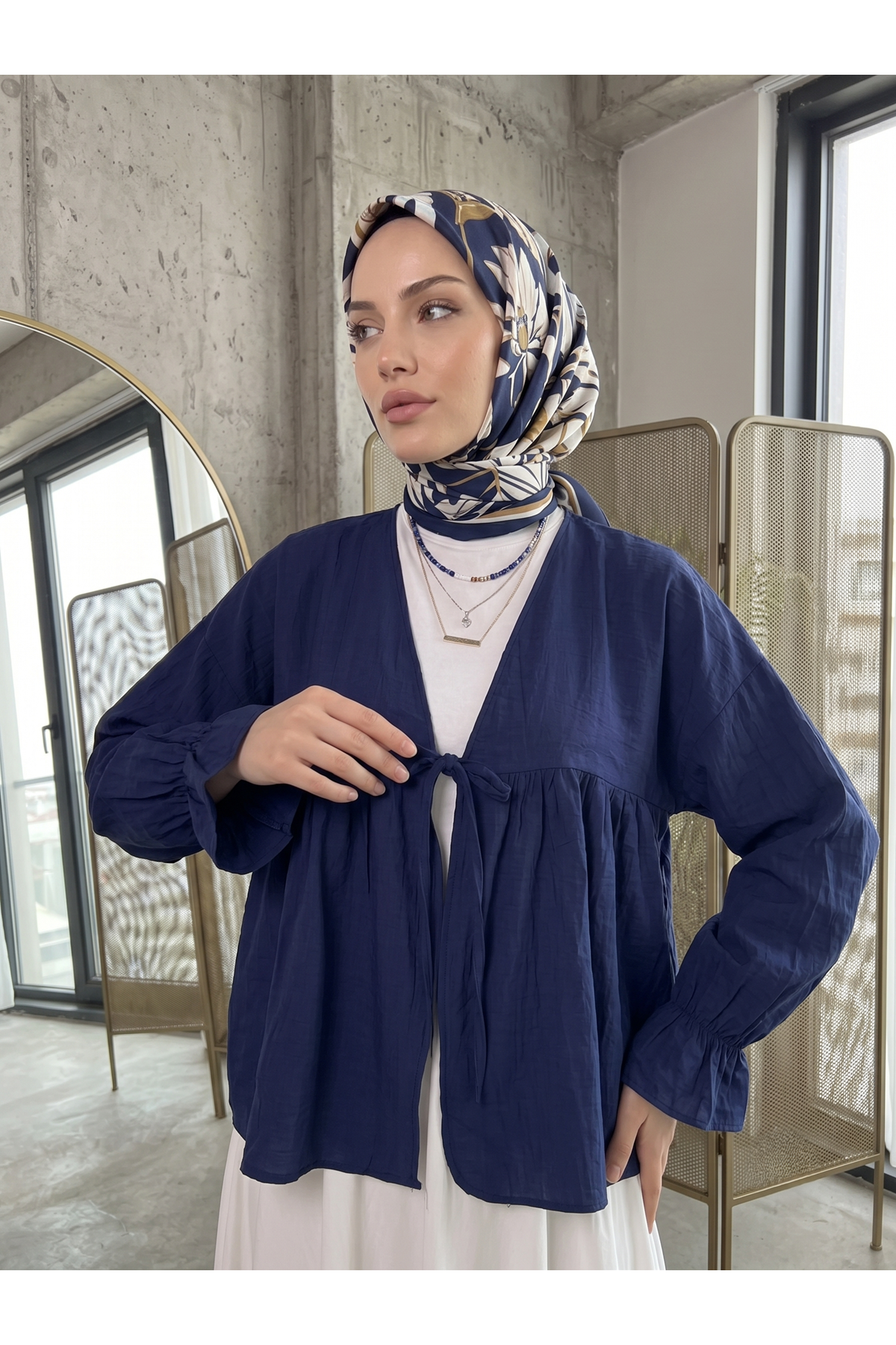 TUN05982-LCV Roba Büzgülü Kol Lastik Tunik-Lacivert