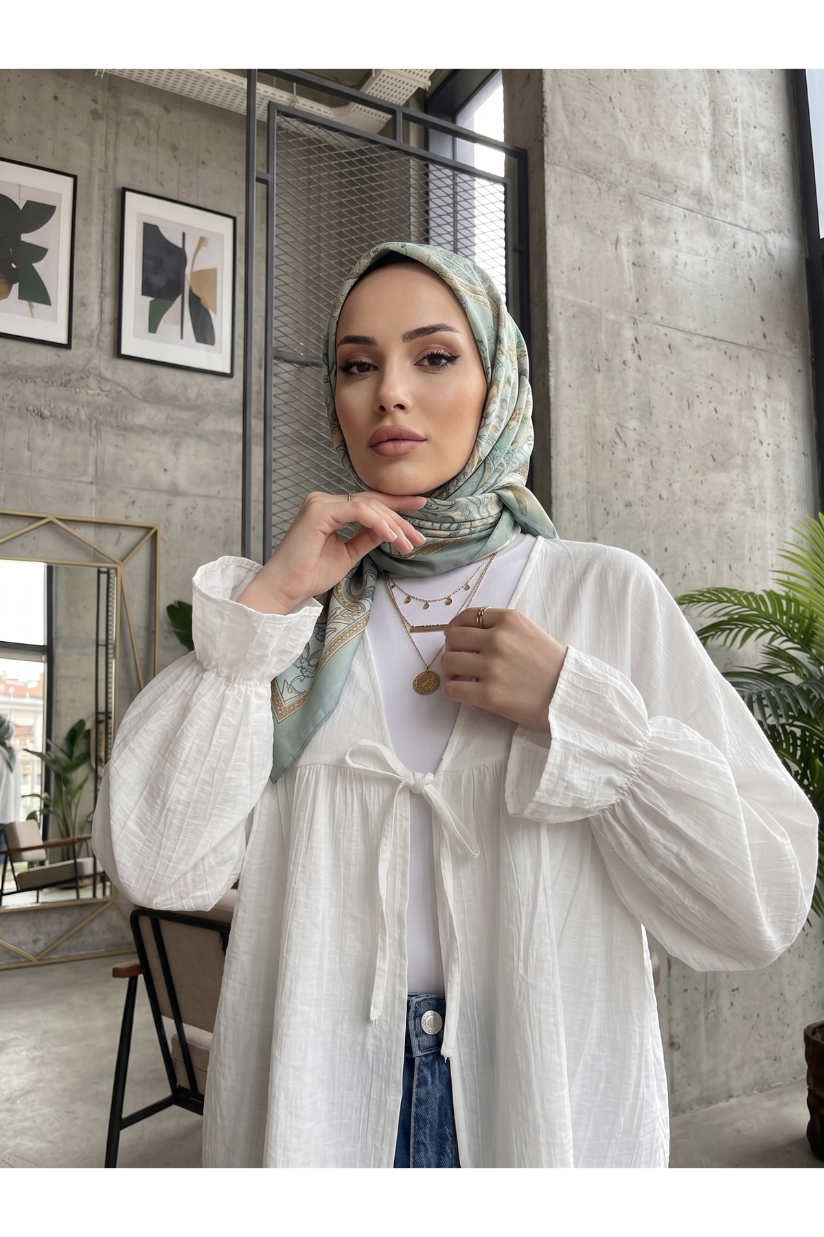 TUN05982-EKR Roba Büzgülü Kol Lastik Tunik-Ekru
