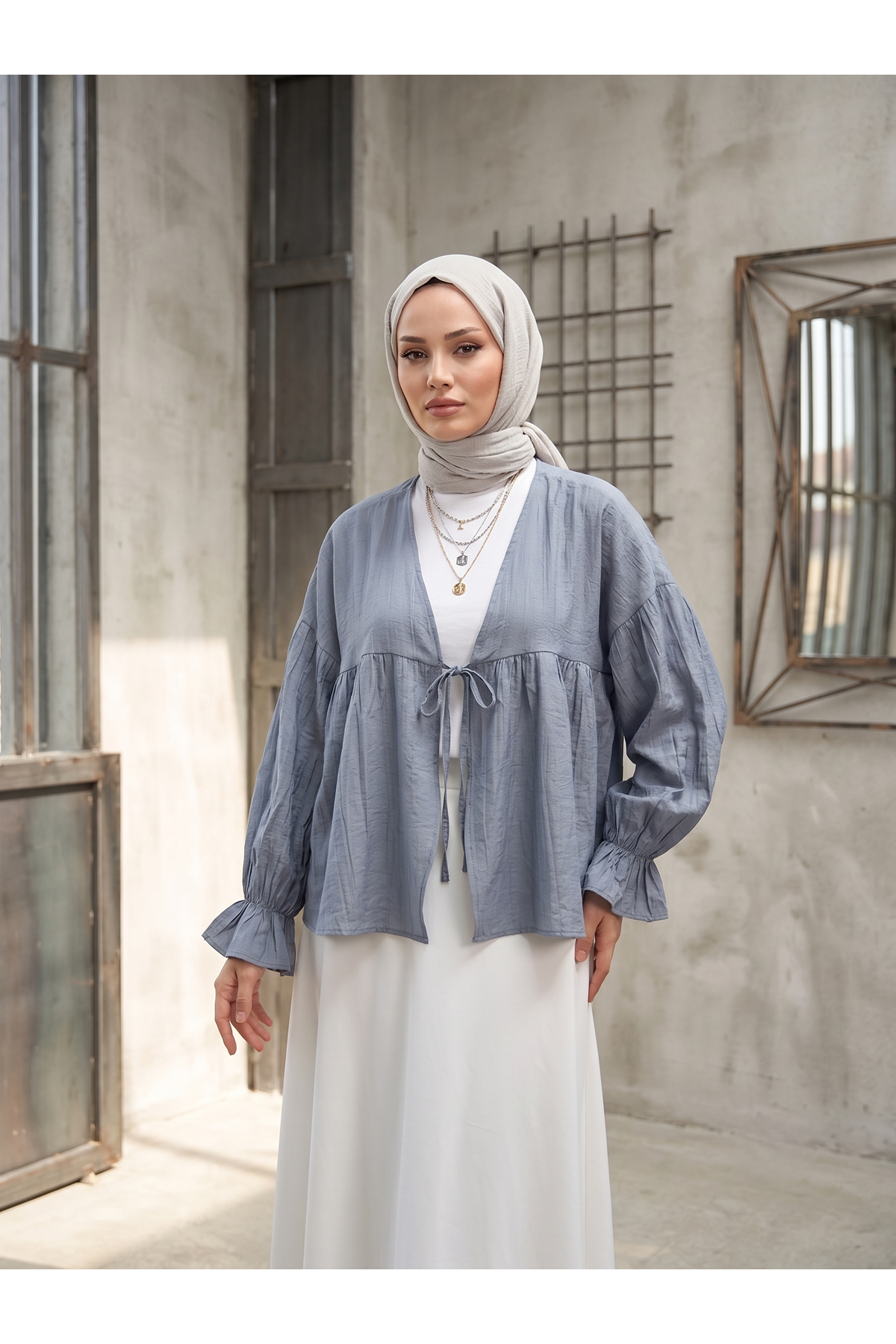 TUN05982-GRN Roba Büzgülü Kol Lastik Tunik-Gri