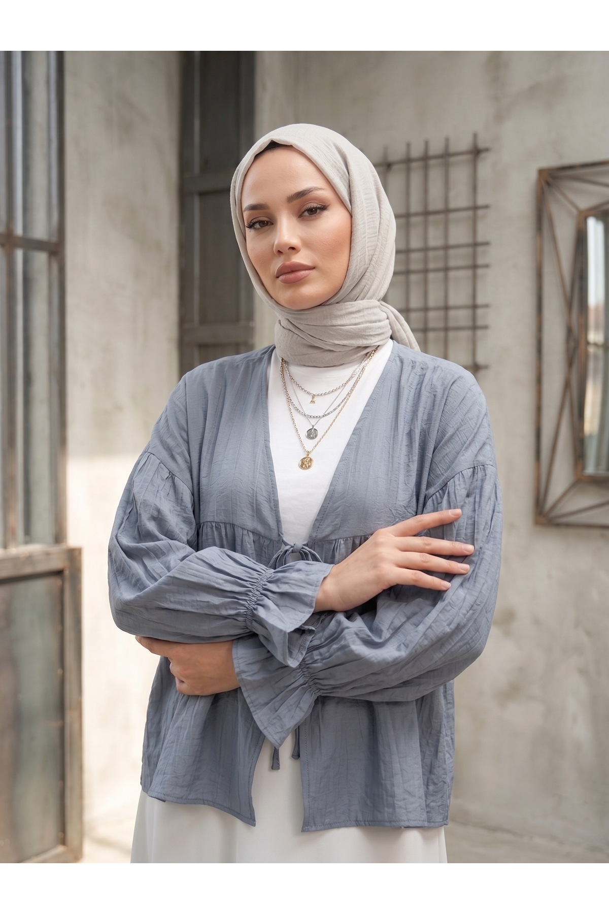 TUN05982-GRN Roba Büzgülü Kol Lastik Tunik-Gri