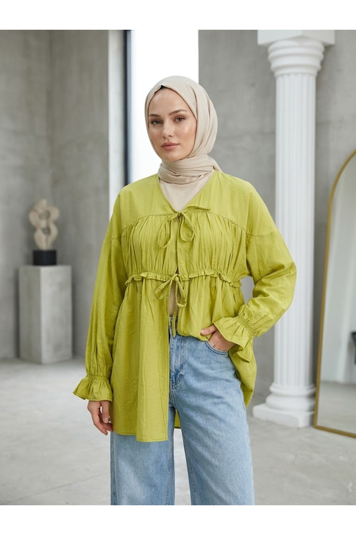 TUN05980-69 Büzgülü Bağlamalı Tunik-YAĞ YEŞİLİ
