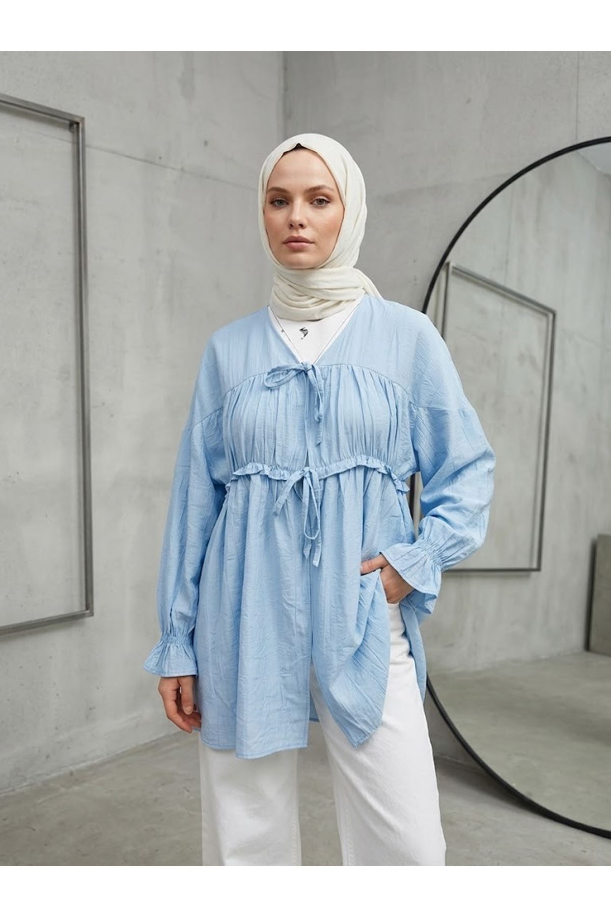 TUN05980-MAV Büzgülü Bağlamalı Tunik-Mavi