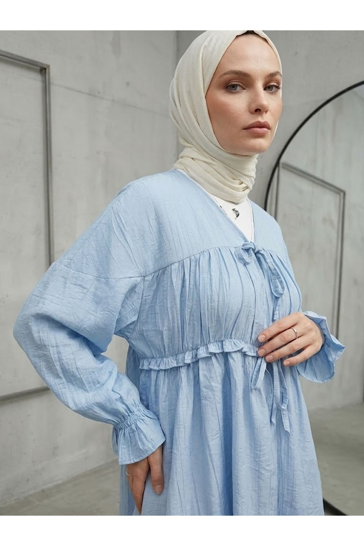 TUN05980-MAV Büzgülü Bağlamalı Tunik-Mavi