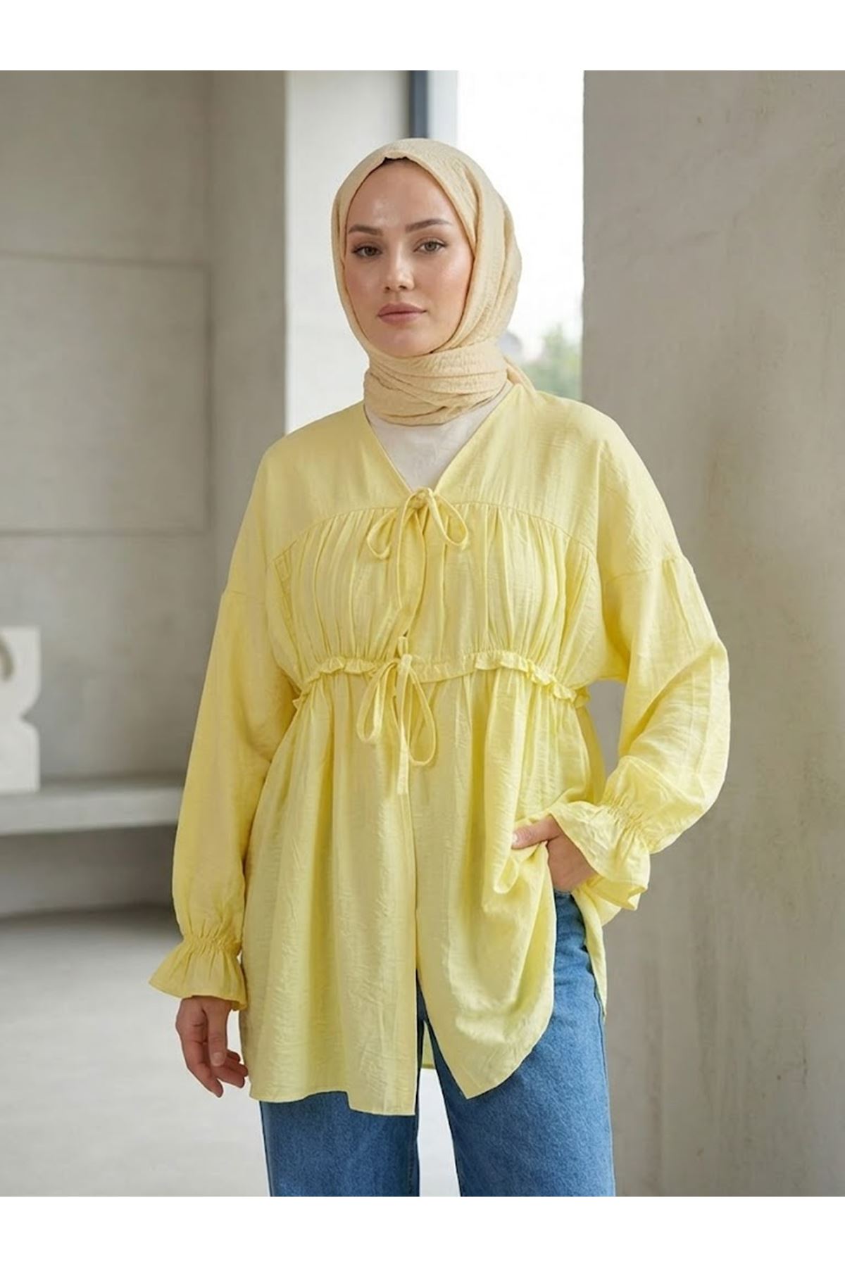 TUN05980-SRI Büzgülü Bağlamalı Tunik-Sarı
