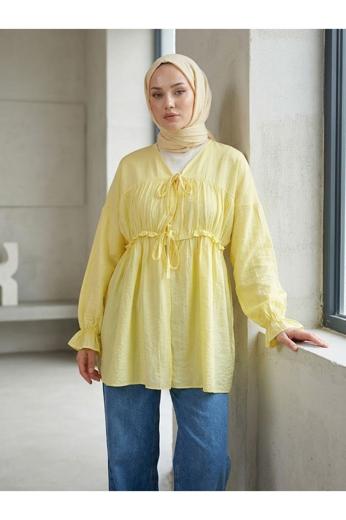 TUN05980-SRI Büzgülü Bağlamalı Tunik-Sarı