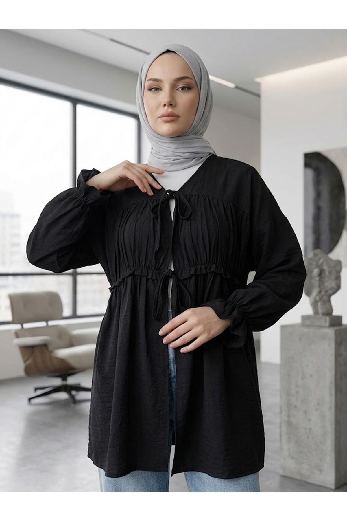 TUN05980-SYH Büzgülü Bağlamalı Tunik-Siyah